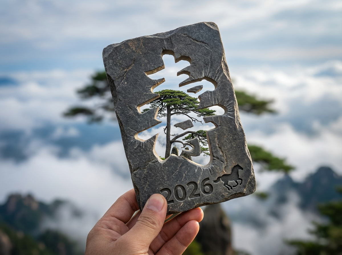 图中展示了一只手托举着一块深灰色长方形石板，背景是壮丽的高山云海。石板中心被镂空雕刻出一个巨大的汉字，其形状介于“春”与“寿”之间，透过镂空处可以清晰地看到远方山巅上一棵苍劲的松树，构图巧妙。石板右下方刻有数字“2026”和一匹奔马的剪影。背景中的山峦在浓密的白云中若隐若现，整体色调以冷灰、翠绿和云雾的白色为主，意境深远。在 AI 生成的细节方面，存在明显的逻辑缺陷：石板中间镂空的汉字笔画结构并不标准，属于生造的形似字；此外，汉字中间的一块横向“笔画”完全悬浮在空中，没有任何物理支撑连接到石板主体，违背了现实中的雕刻物理常识。持握石板的手部指甲边缘略显模糊，与石头的交界处处理不够自然。