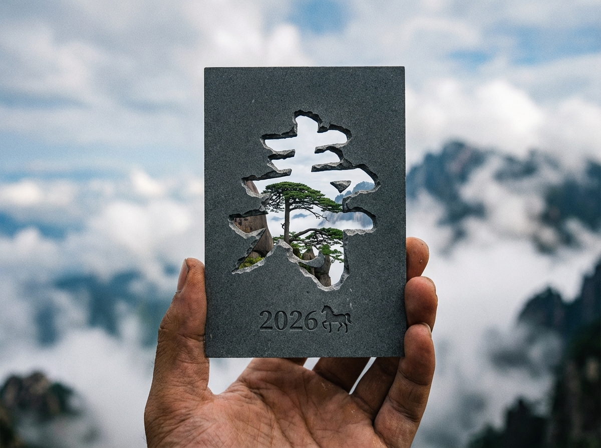 图中展示了一只粗糙的人手正托举着一块深灰色的长方形石板，背景是云雾缭绕、气势磅礴的山峦奇峰。石板中心被镂空雕刻出一个巨大的汉字，字形结构介于“寿”与“春”之间，透过这个镂空处，恰好可以看到远方山巅上一棵苍劲挺拔的迎客松。石板下方刻有数字“2026”和一个简易的马形图案。画面构图巧妙，利用框景手法将自然美景嵌入人造物中。

然而，画面中存在明显的 AI 生成缺陷：首先是手部结构异常，左侧的大拇指显得过于粗大且关节扭曲，右侧支撑石板的手指数量和排列也显得不自然，缺乏真实的生理逻辑；其次，石板上的汉字并非标准字体，笔画存在随意的断裂和融合，属于典型的 AI 伪字符；最后，石板边缘与手指接触的地方透视略显生硬，缺乏真实的重力压痕感。