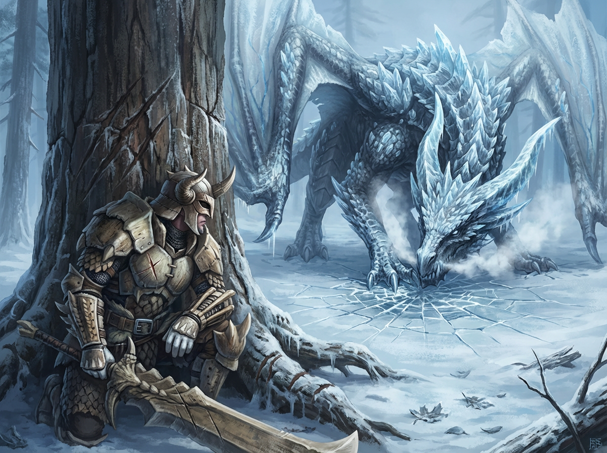 图中展现了一个充满紧张感的奇幻战斗场景。画面左侧，一名身着厚重骨质铠甲、头戴牛角头盔的战士正蹲伏在一棵巨大的古树后，他手握一把巨大的骨刃巨剑，神情警惕地窥视着前方。画面右侧是一头巨大的冰霜巨龙，它浑身覆盖着淡蓝色的冰晶鳞片，背部有尖锐的冰刺，正低头在冰封的地面上嗅探，鼻息化作白雾，脚下的冰面因其重量而产生放射状裂纹。背景是幽暗、被白雪覆盖的针叶林，整体色调以冷峻的蓝白色和沉稳的棕褐色为主。在 AI 生成细节方面，存在一些明显的逻辑缺陷：战士右手握剑的姿势与剑柄的连接处显得生硬且不符合人体工学，左手手指的结构略显模糊。此外，巨龙右侧翅膀的骨架结构与身体的连接方式在透视上显得不够自然，部分冰晶纹理在边缘处出现了不规则的重叠和断裂。