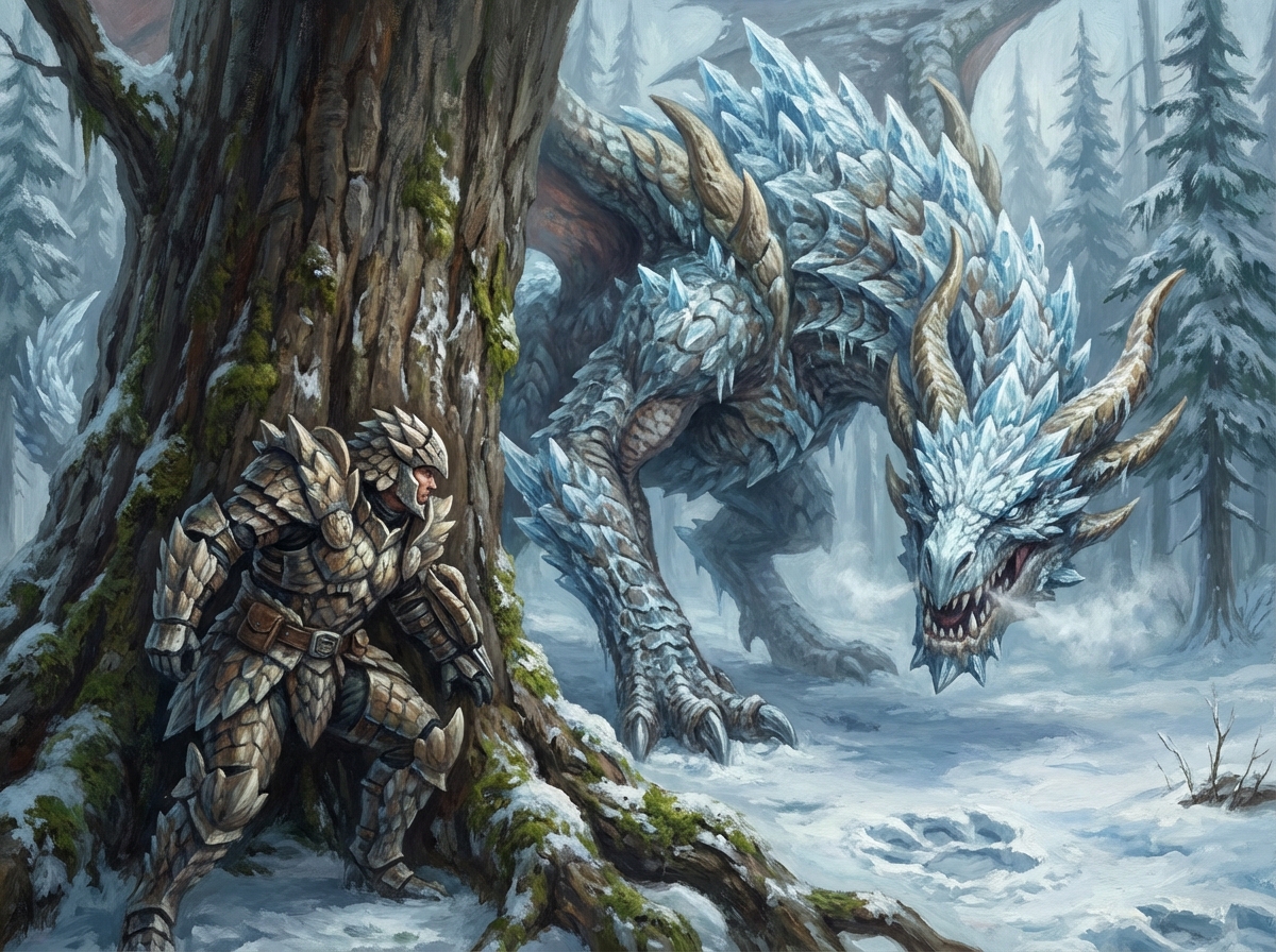 图中展现了一个充满张力的奇幻战斗场景。在白雪皑皑的针叶林中，一名身披厚重岩石质感铠甲的战士正躲在一棵巨大的古树后，神情警惕地窥视着前方。古树树干粗壮，覆盖着斑驳的苔藓和积雪。在树的另一侧，一只体型巨大的冰霜巨龙正低头搜寻，它的全身覆盖着如冰晶般锐利的蓝色鳞片，背部和头部生有巨大的冰刺与角，口中呼出寒冷的白气。画面色调以冷蓝、灰白和深褐为主，构图上利用树干将画面一分为二，营造出一种敌众我寡的压迫感。

在 AI 生成的细节方面，存在一些明显的逻辑缺陷：战士右手扶着树干的位置，手指与树皮的融合显得模糊且结构不自然；巨龙的前爪与地面的接触点透视略显生硬，且巨龙左侧翅膀与身体的连接处结构模糊，缺乏清晰的解剖逻辑。此外，背景中的远景树木呈现出一种重复且略显杂乱的笔触，缺乏真实森林的层次感。