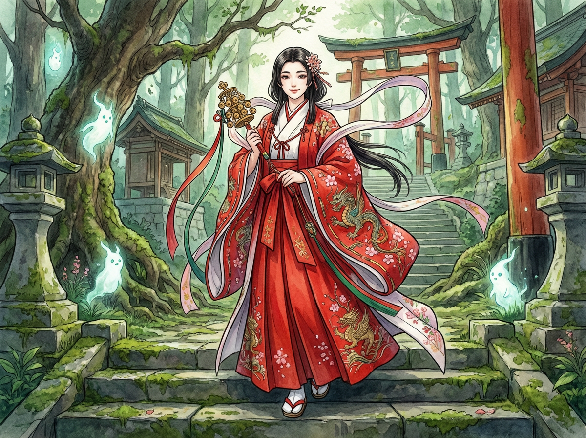 图中展现了一幅具有浓郁日本奇幻色彩的水彩风格画作。画面中心是一位面带微笑的年轻女性，她身着华丽的红色巫女服饰，衣服上绣有精致的金龙和粉色樱花图案，长发披肩，头戴花朵发饰。她手中握着一把带有金色铃铛的祭祀神乐铃，神情端庄。背景是一座幽静的神社森林，长满青苔的石阶向后延伸，通往一座红色的鸟居。四周环绕着古老的巨树、石灯笼，以及几只半透明、散发着淡蓝色微光的可爱小幽灵。整体色调以翠绿、深红和石灰色为主，给人一种神秘而宁静的感觉。

在 AI 生成细节方面，存在一些明显的逻辑缺陷：人物右手握住神乐铃的方式略显生硬，手指线条不够自然；背景中鸟居的横梁结构与支柱的连接处透视关系模糊，显得有些扭曲；此外，人物左侧飘浮的长丝带在空间穿插上缺乏合理的物理逻辑，仿佛直接从手臂中穿过。尽管如此，画面的艺术氛围依然非常统一。