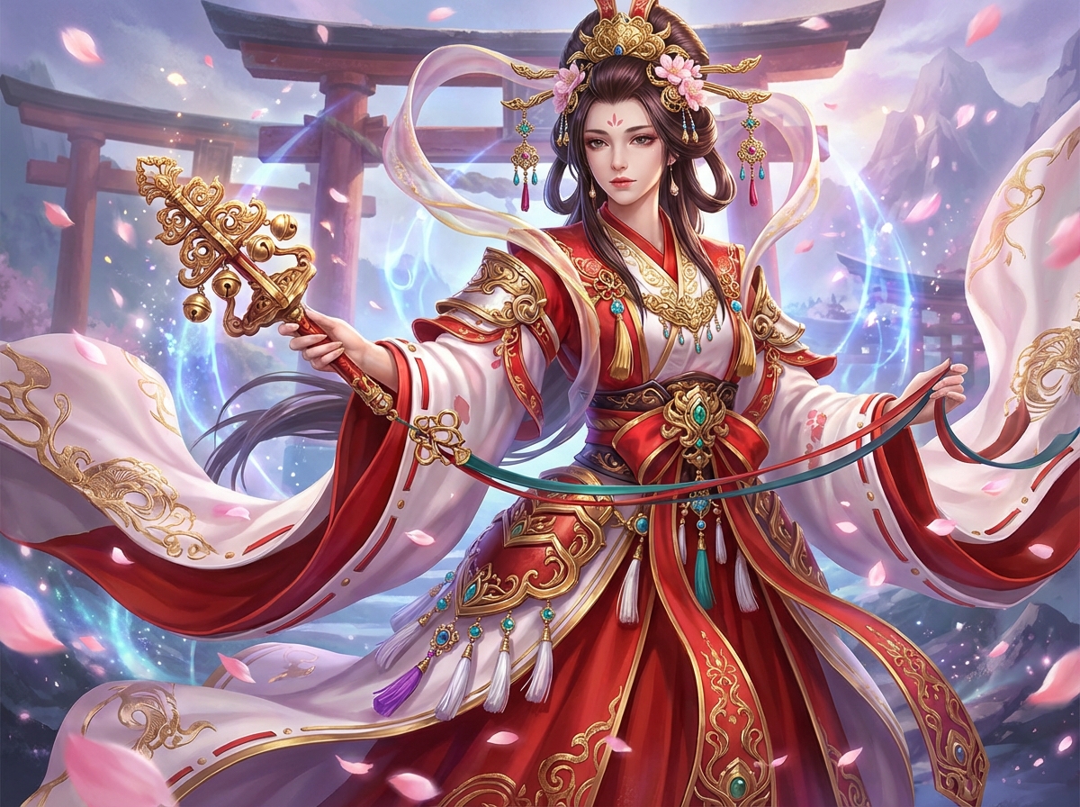 图中展现了一位身着华丽红白服饰的古风女性，她位于画面中央，神情端庄。她穿着融合了汉服与和服元素的繁复长袍，红色裙摆点缀着金色花纹，腰间系有精致的玉石坠饰。她头戴华丽的金饰与粉色花朵，右手握着一把带有铃铛的金色权杖，左手轻牵红绿丝带。背景是宏伟的红色鸟居建筑和淡紫色的远山，天空中飘落着粉色花瓣，周身环绕着淡蓝色的魔法光晕。整体色调明亮，充满奇幻色彩。在 AI 生成细节方面，存在明显的逻辑缺陷：女性的右手手指数量异常且结构模糊，与权杖的握持姿势不自然；左手手指也显得扭曲变形。此外，背景中鸟居的横梁结构在左侧出现了断裂和透视错位，权杖底部的丝带连接处也缺乏合理的物理衔接。