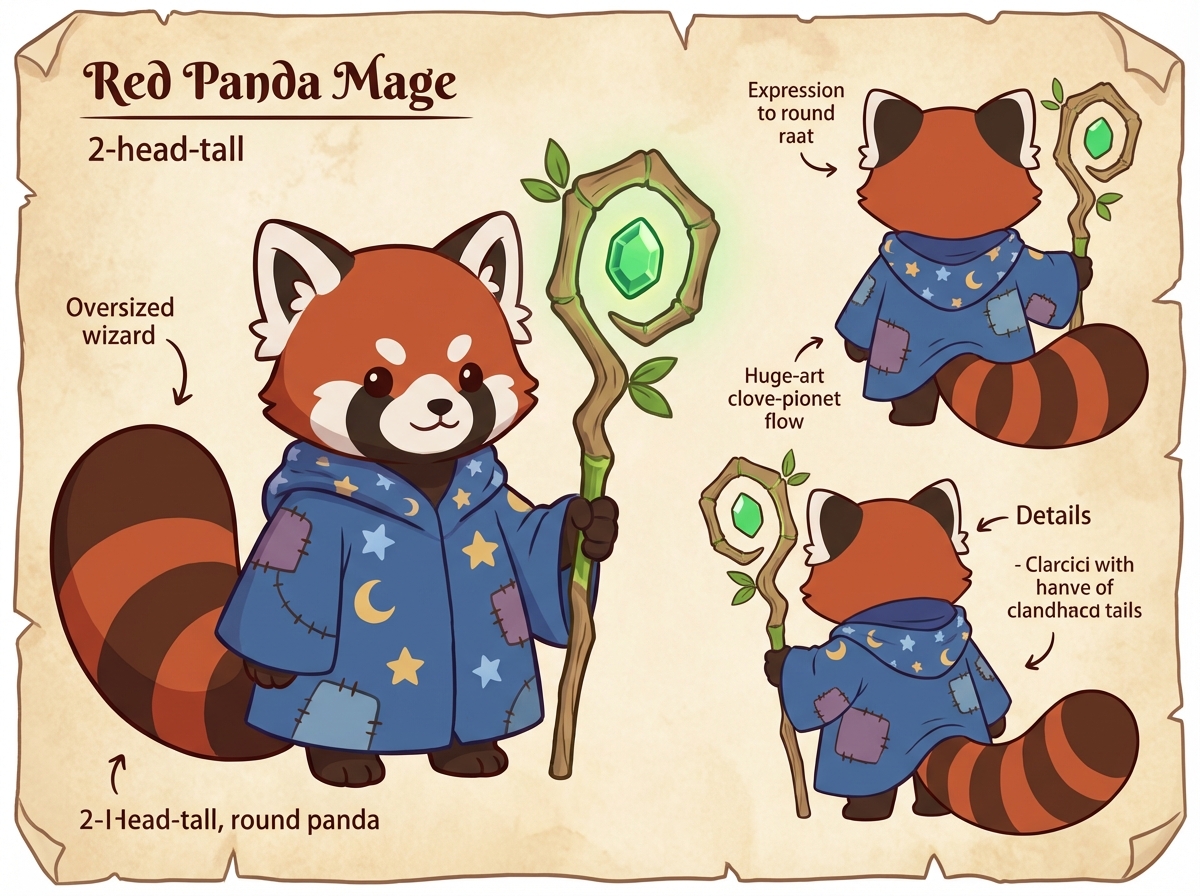图中展示了一张复古羊皮纸风格的角色设计草图，主题是一位“小熊猫法师”。画面中心是一只Q版比例的小熊猫，它有着红褐色的毛发、圆圆的脸庞和巨大的环状花纹尾巴。它身穿一件缀满黄色星星、月亮图案和紫色补丁的深蓝色连帽法袍，左手握着一根顶端镶嵌绿色发光宝石的木质法杖。右侧分别展示了该角色的背面和侧后方视角，强调了法袍的细节和尾巴的质感。整体色调温暖柔和，带有童话绘本的风格。

作为 AI 生成的图片，画面中存在明显的文字错误：虽然标题“Red Panda Mage”清晰可见，但周围的标注文字大多是无意义的乱码或拼写错误的单词，如“raat”、“clove-pionet”和“clarcici”等。此外，法杖的线条在不同视角下略显不一致，小熊猫的手部被简化为深色的圆球状，缺乏具体的指爪结构。