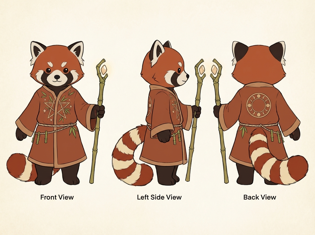 图中展示了一张卡通风格的角色设计三视图，主角是一只拟人化的小熊猫法师。背景为米白色的纸张质感，画面从左至右分别排列着该角色的正面、左侧面和背面。这只小熊猫拥有红褐色的毛发、标志性的白色眉斑和黑眼圈，以及一条粗壮的红白相间环状尾巴。它身穿一件深红褐色的长袍，腰间系着麻绳，袍子上装饰着竹叶和五角星图案。它手里握着一根由竹节制成、顶端镶嵌着发光晶体的法杖。

在 AI 生成的细节方面，存在一些明显的逻辑缺陷：首先，侧视图中的法杖位置与手部抓握的姿势不够自然，法杖似乎悬浮在手掌边缘；其次，背面视图中法杖的数量出现了逻辑错误，小熊猫右手握着一根法杖，但在其左侧又凭空多出了一根法杖的顶端，且法杖上的晶体形状在不同视角下并不完全一致。此外，腰间悬挂的小竹筒数量在三个视角中也略有出入。