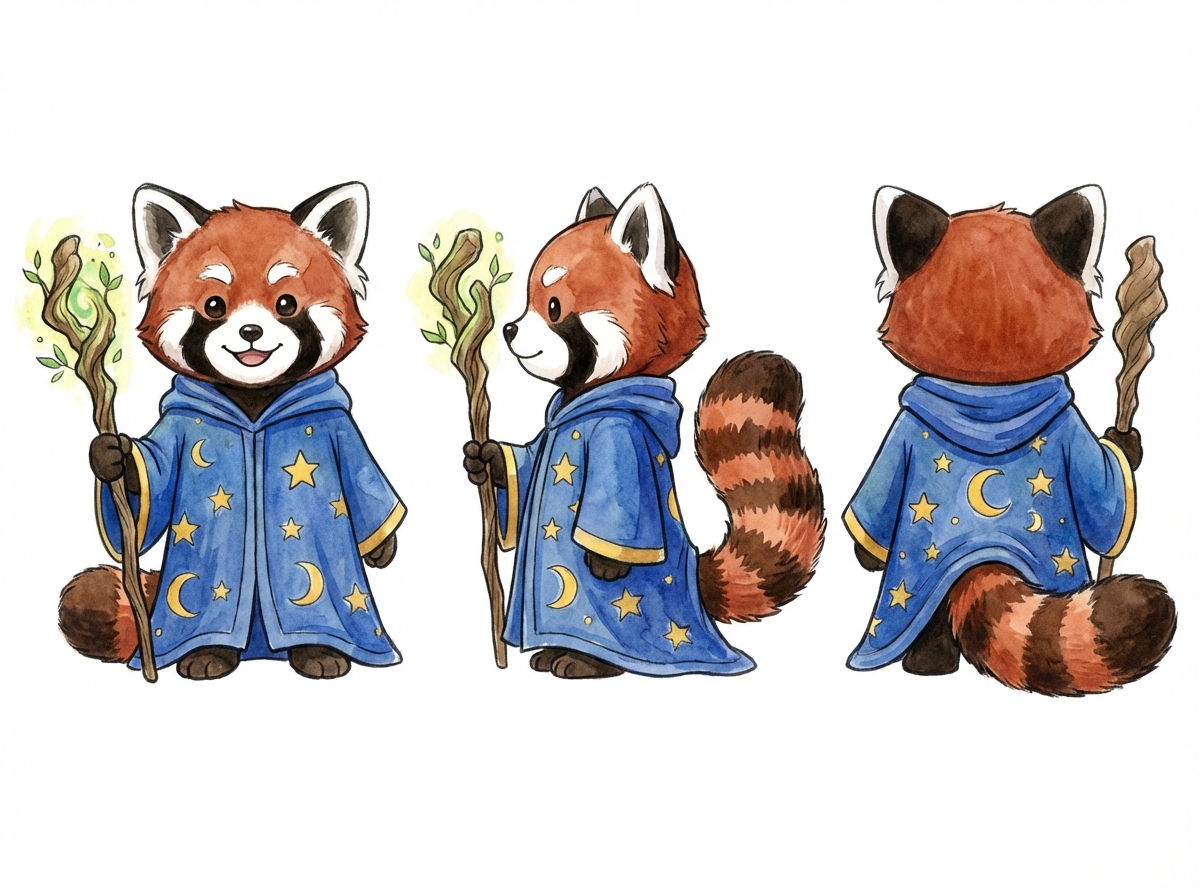 画面中展示了一只可爱的小熊猫法师的三视图，分别是正面、侧面和背面，背景为纯白色。这只小熊猫拥有红褐色的毛发、白色的眉毛和标志性的环状花纹大尾巴。它穿着一件深蓝色的法师长袍，袍子上点缀着金色的星星和月亮图案。它手中握着一根由树枝自然弯曲而成的木质法杖，法杖顶端散发着淡淡的绿色荧光并长有几片嫩叶。整幅画采用水彩手绘风格，线条柔和，色彩明快。在 AI 生成的细节方面，存在一些逻辑缺陷：正面视角中小熊猫的左手（画面右侧）凭空消失在袖口中，没有握住任何东西；侧面视角中，法杖似乎直接穿过了它的手部，而非被手指抓握；背面视角中，尾巴从长袍下摆伸出的位置显得有些生硬，且法杖的形状与前两个视角不完全一致。