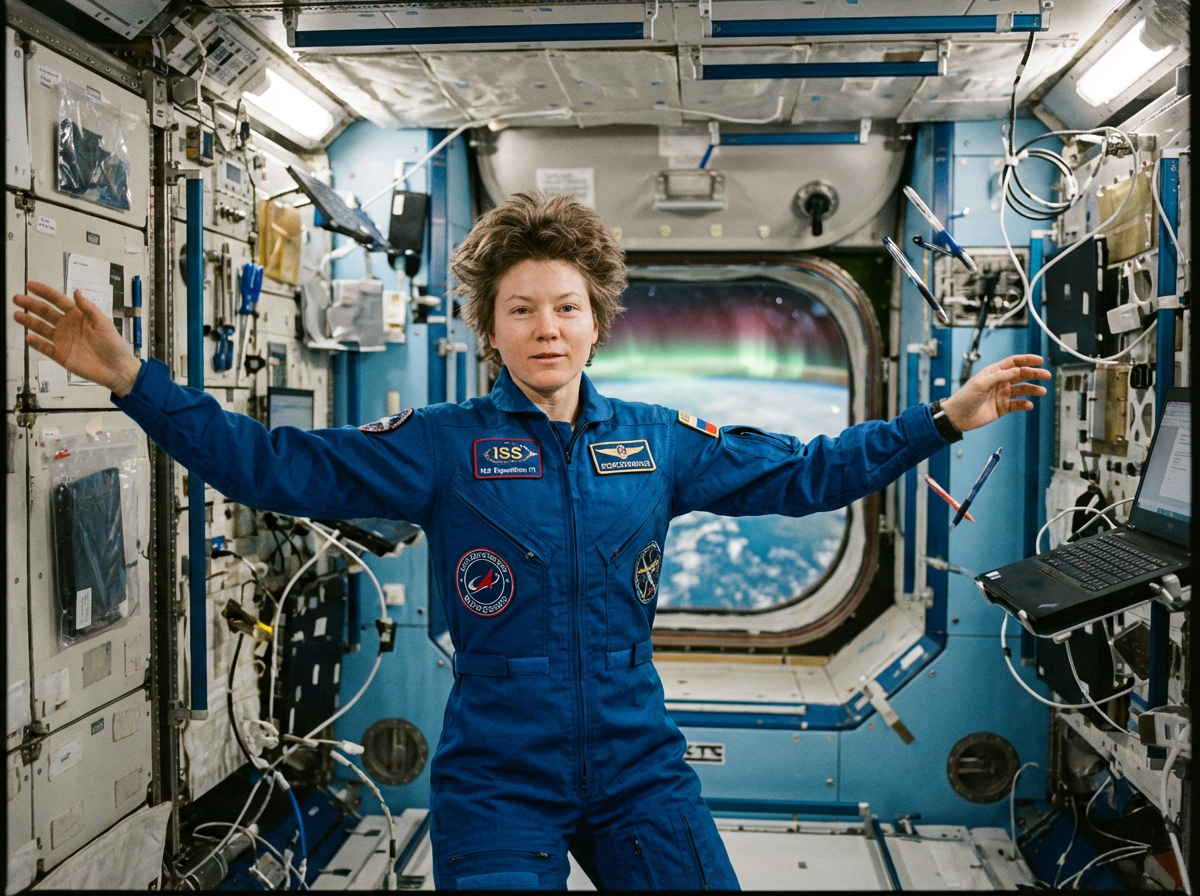 图中展示了一位身穿蓝色连体宇航服的女性宇航员，正身处充满科技感的国际空间站内部。她张开双臂，头发因失重状态而向上蓬松散开。背景是一个圆形的观景窗，透出地球大气的弧线和绚丽的绿色极光。空间站内布满了密集的电线、仪器面板和储物袋，几支笔和一台笔记本电脑正悬浮在空中。画面色调以冷蓝色和金属灰为主。

在 AI 生成的细节方面存在明显缺陷：最显著的是宇航员的手部，左手手指数量异常且扭曲，右手手指的比例也显得不自然。宇航服上的胸章文字模糊不清，呈现为无法辨认的乱码符号。此外，右侧悬浮的笔记本电脑结构扭曲，屏幕与键盘的连接处透视错误，且电脑下方缺乏合理的支撑或漂浮逻辑。空间站壁板上的标签文字也均为无意义的模糊色块。