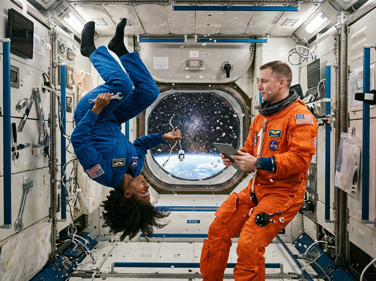 图中展示了一个充满科幻感的空间站内部场景。画面中央有一扇圆形的舷窗，透出深邃的星空和地球的弧线。两名宇航员身处其中：左侧是一位非裔女性，穿着蓝色宇航服，正以倒挂的姿态悬浮在空中，手中拿着一把扳手；右侧是一位白人男性，穿着橙色宇航服，正拿着平板电脑观察。空间站内布满了各种精密仪器、电线和工具，空气中还漂浮着许多晶莹的水滴，营造出失重的氛围。

然而，画面中存在多处明显的 AI 生成缺陷。首先是人体结构异常：倒挂女性的右手手指比例失调，且左手握持的工具与手部连接生硬；右侧男性的右手手指数量和关节显得扭曲。其次是文字错误：宇航服上的美国国旗条纹模糊，胸前的徽章文字是一串无法辨认的乱码。此外，背景中的水滴分布过于均匀且形状生硬，部分工具在墙上的挂载逻辑也不符合物理常识，显示出 AI 在处理复杂细节时的局限性。