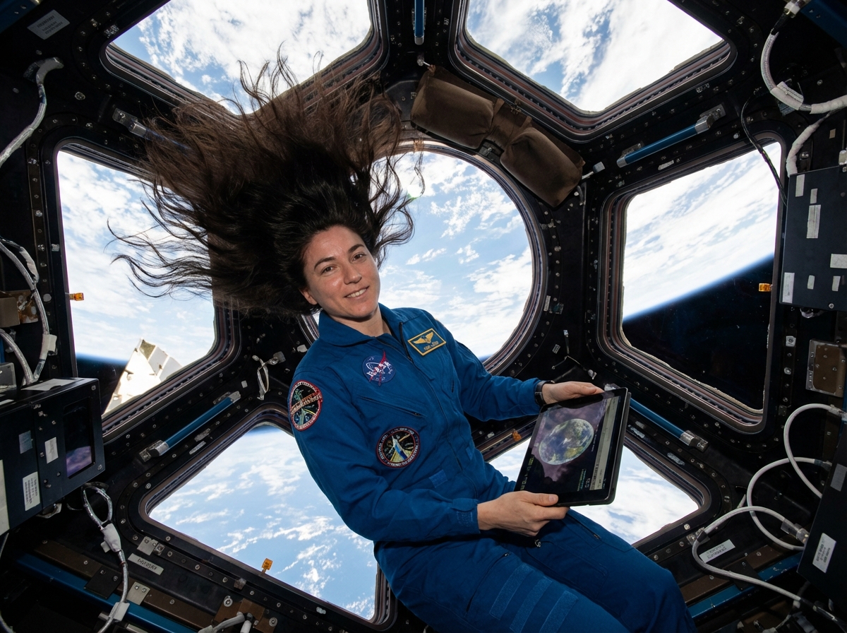 图中展示了一位女性宇航员身处国际空间站的穹顶舱内。她身穿深蓝色的 NASA 连体宇航服，胸前和手臂上贴有精细的徽章。她正处于失重状态，长长的棕色头发像扇子一样在头部上方散开。她双手拿着一台平板电脑，屏幕上显示着地球的画面。背景是多个梯形观察窗，窗外可以清晰地看到带有白云的蓝色地球边缘和漆黑的太空。舱内布满了复杂的金属结构、电缆和控制面板。

这张图片具有明显的 AI 生成痕迹：首先，宇航员的手部结构异常，左手手指显得过长且关节扭曲，右手握持平板的方式也不符合自然解剖学；其次，宇航服上的文字和徽章图案模糊不清，呈现出乱码状的纹理；此外，背景窗框的透视关系略显生硬，部分电缆的连接逻辑不连贯，消失在阴影中。尽管如此，整体构图捕捉到了太空飞行的宏大感。