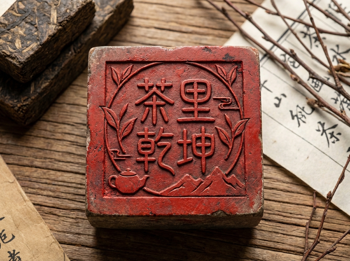 画面中展示了一个充满古风茶文化气息的场景。中心主体是一块厚实的正方形红色茶砖，表面刻有“茶里乾坤”四个繁体汉字，字体古朴，周围环绕着茶叶、山峦和小茶壶的浮雕图案。茶砖质地粗糙，带有磨损的旧感，放置在纹理清晰的深色木质桌面上。背景左上方堆叠着两块深褐色的普洱茶饼，右侧斜放着写有毛笔书法的宣纸和几根枯细的树枝，整体色调温润，光影柔和。

作为 AI 生成的图片，画面存在明显的逻辑缺陷：首先，文字“茶里乾坤”中的“茶”字上方草字头多了一个横杠，结构异常；“乾”字的偏旁部首也存在笔画粘连和变形。其次，背景宣纸上的书法字迹杂乱无章，并非真实的汉字，而是模拟字形的线条。此外，右侧树枝的生长方向与透视略显生硬，与纸张的叠放关系不够自然。