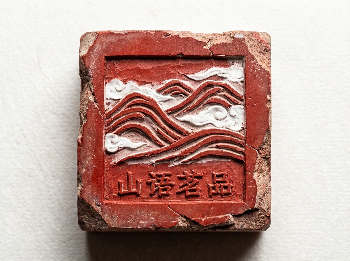 画面中展示了一个正方形的红褐色仿古砖雕或茶砖，背景为纯净的米白色。砖块表面呈现出斑驳的质感，边缘有明显的磨损和剥落痕迹，营造出一种陈旧的历史感。砖块中心有一个下凹的方形区域，上半部分是浮雕形式的山峦与祥云图案，山脉线条流畅，云朵点缀着白色颜料，色彩对比鲜明。下半部分刻有四个汉字“山语茗品”，字体端正。

作为一张 AI 生成的图片，画面中存在明显的逻辑缺陷：最显著的是文字部分，虽然“山”、“茗”、“品”三个字相对清晰，但第二个字“语”的结构出现了严重的笔画错误，言字旁与右侧部分连接异常，不符合标准汉字书写。此外，砖块边缘的破损效果分布得过于均匀，且部分白色颜料的边缘与红褐色基底的交界处显得不够自然，缺乏真实雕刻应有的物理层次感。