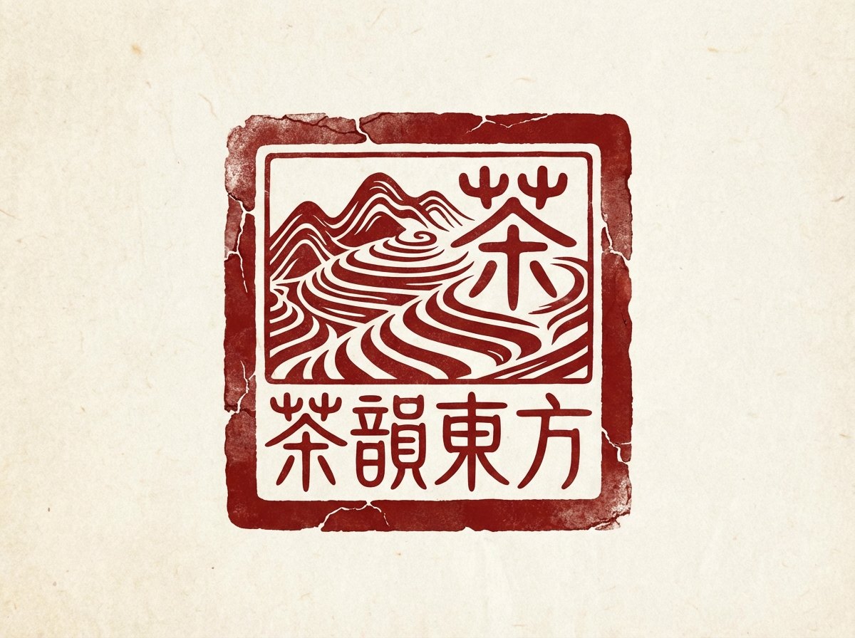图中展示了一枚模仿中国传统篆刻艺术的方形红色印章，背景是带有细微纤维纹理的米白色宣纸。印章整体呈深红色，边缘带有自然的斑驳和磨损感，营造出一种古朴的历史韵味。印章内部被分为上下两部分：上半部分是一个正方形边框，里面绘制了抽象的茶园梯田与远山，线条流畅且富有节奏感，右侧融合了一个艺术化的“茶”字；下半部分则是从左至右排列的四个繁体汉字“茶韻東方”。

在 AI 生成的细节方面，画面存在一些明显的逻辑缺陷。首先，文字结构不规范，尤其是“茶”字上方的草字头被处理成了类似叉子的对称符号，且“韻”字的右半部分结构模糊，不符合标准书法。其次，印章的边缘磨损效果虽然增加了质感，但部分裂纹的走向显得过于随机，缺乏真实拓印的物理逻辑。此外，梯田线条与文字的穿插略显生硬，缺乏传统篆刻中严谨的章法布局。