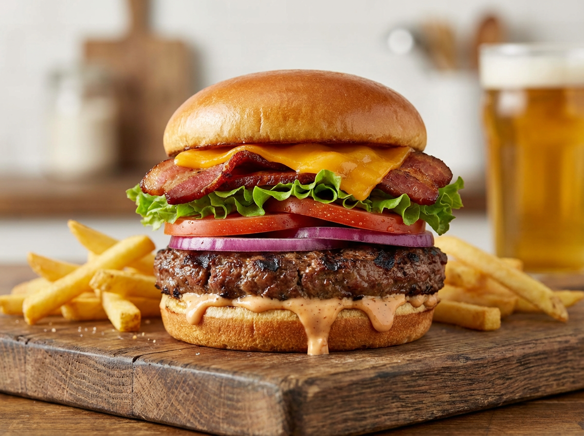画面中展示了一个令人垂涎欲滴的巨型培根芝士汉堡，它被放置在厚实的木制砧板中央。汉堡由上至下依次是金黄油亮的布里欧修面包、融化的橙色切达芝士、焦脆的培根片、鲜绿的生菜、两片红番茄、紫洋葱圈、厚实的烤牛肉饼，以及正在向下滴落的特制酱料。汉堡两侧散落着金黄色的炸薯条，背景右侧有一杯带泡沫的浅色啤酒，整体色调温暖且饱和。然而，画面中存在明显的 AI 生成缺陷：汉堡右侧的薯条透视关系混乱，部分薯条似乎悬浮或生硬地嵌入木板中；汉堡底部的酱料滴落形状过于规整且缺乏重力感；背景中的物体模糊不清，且左侧的白色瓶状物结构扭曲，缺乏真实的细节支撑。