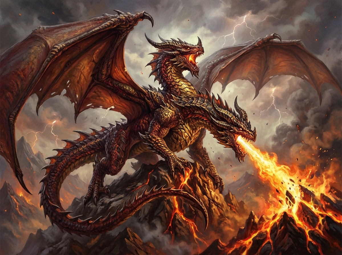 图中展现了一只威猛的西方巨龙，它正伫立在乱石嶙峋的山巅。巨龙拥有暗红色的坚硬鳞片和巨大的皮质双翼，翼膜在火光映衬下呈现出半透明的橘红色。这只龙拥有两个头：上方的头仰天咆哮，下方的头正向山谷喷射炽热的火焰。背景是阴云密布的雷雨天，闪电划破深灰色的天空，山峦间流淌着滚烫的岩浆，整体色调以深褐、暗红和明亮的火橙色为主，营造出一种史诗般的灾难感。在 AI 生成细节方面，存在明显的逻辑缺陷：巨龙的身体结构模糊，左侧翅膀的骨架连接处显得生硬且不符合解剖学；最明显的错误在于尾部，画面左下方出现了一条带有尖刺的长尾，但在巨龙后腿之间又莫名多出了一段类似尾巴的肢体，导致身体末端连接混乱。此外，巨龙右前爪的脚趾数量和抓握姿态也显得不够自然。