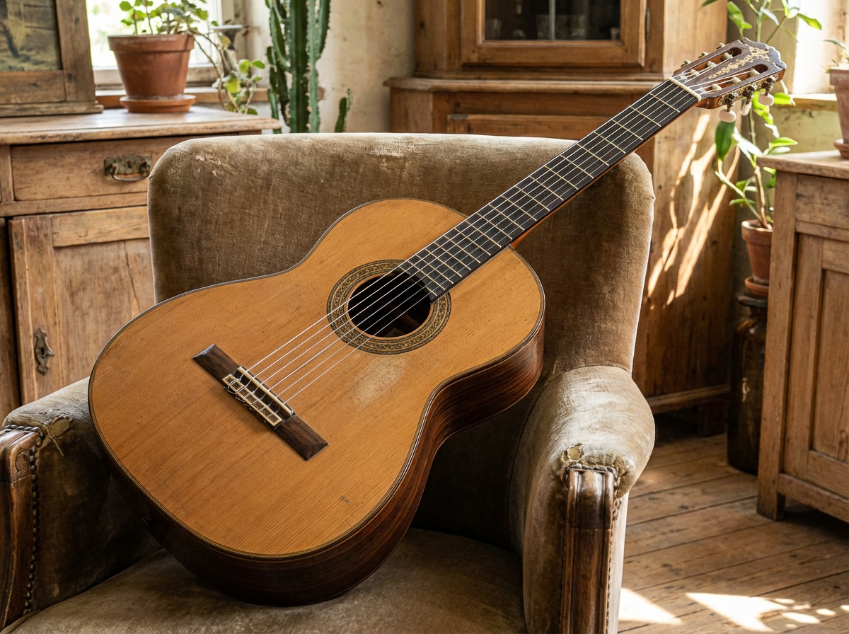 图中展示了一把古典吉他斜靠在室内的一把旧扶手椅上。房间充满了复古和温馨的气息，背景中有木质家具、盆栽植物和温暖的阳光。吉他的面板呈现出自然的木色，琴身侧边颜色较深，琴孔周围有精致的环形花纹。扶手椅是棕褐色的丝绒材质，表面有明显的磨损和破旧痕迹。阳光从右侧洒入，在木地板和家具上留下了斑驳的光影。

然而，画面中存在明显的 AI 生成缺陷：首先，吉他的琴弦结构逻辑混乱，琴头处只有五个调音旋钮，且琴弦与旋钮的连接方式模糊不清，琴颈上的品格线分布也不够严谨。其次，琴码处的琴弦排列异常，看起来像是直接消失在木头里，而非正常固定。此外，背景中左侧木柜的边缘与扶手椅的衔接处透视略显生硬，右侧盆栽的枝叶生长路径也显得不够自然。