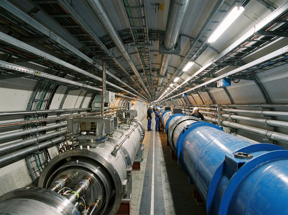 图中展示了一个深邃且充满科技感的地下隧道实验室，类似于大型强子对撞机的内部场景。画面采用透视构图，长长的隧道向远方延伸，天花板和墙壁布满了密集的银灰色金属管道、电缆桥架和长条状的白色荧光灯。隧道左侧是银灰色的巨大圆柱形精密机械装置，右侧则是鲜蓝色的粗大管道。几名身穿蓝色工作服、戴着白色安全帽的技术人员正站在隧道中间的走廊上交谈或检查设备。整体色调以冷色系的银、灰、蓝为主，光线明亮且具有工业质感。在 AI 生成的细节方面，画面存在明显的逻辑缺陷：远处的几名人物身形比例失调，面部特征模糊甚至扭曲；部分电缆和管道在交汇处显得杂乱无章，缺乏合理的物理连接结构；隧道右侧蓝色管道的表面纹理在远景处出现了不自然的断裂和透视重叠。