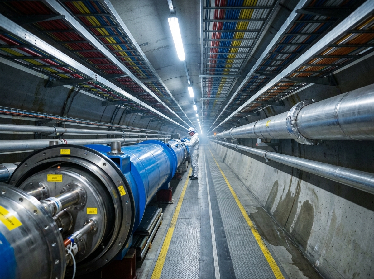 图中展示了一个充满科技感的地下隧道实验室，其构图采用深远的一点透视，向画面中心无限延伸。隧道左侧是一台巨大的蓝色圆柱形科学设备，表面布满了复杂的金属法兰和黄色警示标签；右侧墙壁上排列着粗壮的银色管道。隧道顶部悬挂着密集的电缆桥架，整齐地排列着红、黄、蓝、黑各色线缆，多盏长条形荧光灯发出冷白色的光芒。一名身穿白色防护服、戴着白色安全帽的工作人员正站在蓝色设备旁进行检查。

画面中存在明显的 AI 生成缺陷：首先，远处的透视逻辑出现混乱，电缆桥架和管道在尽头处交织得极不自然，形成了一片模糊的光影；其次，工作人员的手部细节缺失，呈现出模糊的团块状，且其脚部与地面的接触感生硬，仿佛悬浮在地面上；此外，设备上的黄色标签虽然看起来像文字，但仔细观察会发现全是无法辨认的乱码字符。隧道右侧墙壁上的水渍纹理分布也显得过于机械和重复。