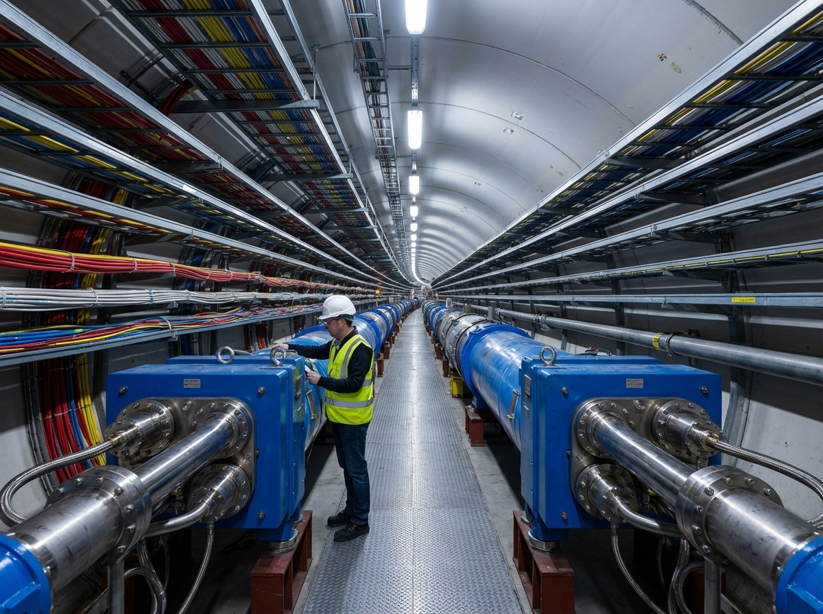 图中展示了一个充满科技感的地下隧道实验室，极具纵深感。隧道呈圆弧形，两侧整齐排列着密集的电缆桥架，五颜六色的电线（红、黄、蓝、白）像脉络一样延伸向远方。隧道中央是两排巨大的蓝色圆柱形科学设备，通过复杂的金属管道连接，地面铺设着防滑的金属格栅走道。一名戴着白色安全帽、身穿荧光黄色反光背心的男性工作人员正站在左侧设备旁，低头操作或检查。画面整体色调偏冷，由顶部的长条形白光灯照明。

在 AI 生成细节方面，存在明显的逻辑缺陷：工作人员的左手与设备融合在一起，手指结构模糊且扭曲，无法辨认具体动作。此外，隧道远处的透视关系略显混乱，电缆架在尽头处出现了不自然的交织和断裂，右侧金属管道上的黄色标签文字也只是模糊的色块，无法识别。