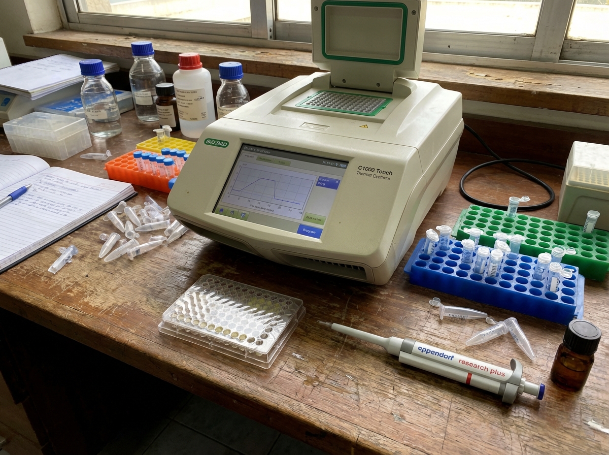 画面中展示了一个略显凌乱的生物实验室工作台，中心位置是一台白色的 PCR 仪（基因扩增仪），屏幕上显示着蓝色的反应曲线图。木质实验台上散布着各种实验器材：左侧有一本翻开的实验记录本和一支蓝色圆珠笔，周围堆放着许多透明的离心管；右侧有蓝色和绿色的试管架，上面插着少许采样管。前方放置着一个 96 孔板和一支白色的移液枪。背景是实验室的窗户，光线充足。

这张图片具有明显的 AI 生成缺陷。首先，文字处理非常混乱，PCR 仪上的品牌标识「BIO-RAD」被扭曲成了无法辨认的字母，移液枪上的品牌名也存在拼写模糊。其次，透视和物体结构异常，例如移液枪的吸头部分与枪身连接生硬，且枪体比例失调；左侧散落的离心管形状不规则，有的甚至像透明的塑料碎片；实验记录本上的文字全是无意义的乱码线条。此外，背景窗框的线条在穿过仪器后未能对齐，显示出空间逻辑的错误。