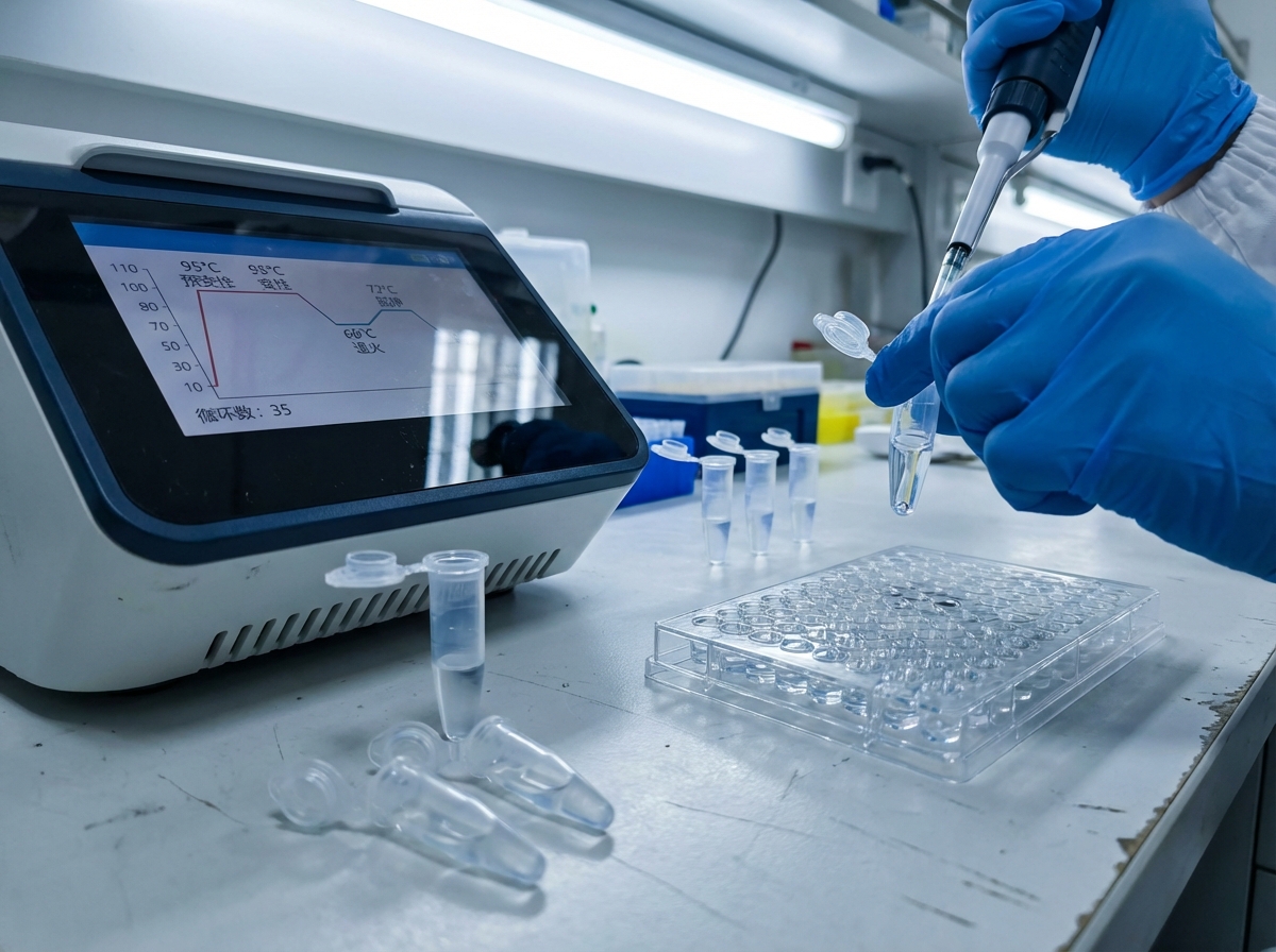 图中展示了一个充满科技感的生物医学实验室场景。画面左侧是一台白色的 PCR 扩增仪，其屏幕上显示着红蓝色的温度循环曲线和一些中文字样，如“预变性”、“退火”等。画面右侧，一名穿着白大褂、戴着蓝色医用手套的人员正手持移液枪，向透明的离心管中加入液体。实验台上散落着多个透明的微量离心管和一块 96 孔板，整体色调以冷白和深蓝为主，营造出严谨的科研氛围。

然而，画面中存在明显的 AI 生成缺陷：首先，操作人员的手部结构异常，右侧持枪的手指关节扭曲且数量模糊，左侧扶管的手指显得过于粗大且比例失调；其次，移液枪的尖端与离心管的接触位置透视关系混乱，仿佛悬浮在空中；此外，屏幕上的中文字符存在笔画残缺和逻辑错误，如“循环数”写成了形似但错误的字符。背景中的架子和电线也存在线条断裂和透视不一致的问题。