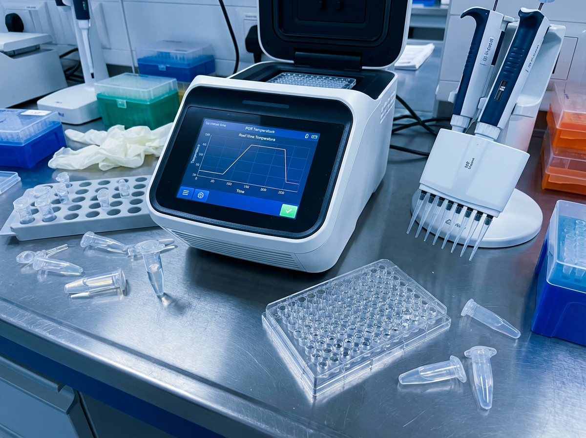 图中展示了一个充满科技感的生物医学实验室场景，整体色调呈现冷峻的浅蓝色和白色。画面中心是一台白色的 PCR 扩增仪，其黑色显示屏正显示着红色的温度变化曲线图。实验台上散布着各种专业器材，包括透明的 96 孔板、离心管、移液枪架以及几盒蓝绿色调的枪头盒。左侧有一双随意摆放的白色乳胶手套。构图采用斜向视角，营造出忙碌的科研氛围。

然而，画面中存在多处明显的 AI 生成缺陷。首先，显示屏上的文字如「PCR Temperature」等拼写模糊且扭曲，呈现出无意义的乱码字符。其次，右侧的多通道移液枪结构异常，吸头部分与枪身的连接逻辑混乱，且吸头数量与排列不符合物理常识。此外，散落在桌面上的离心管形状不规则，部分管盖与管身的衔接显得生硬且透视错误，背景中的电线连接也显得杂乱且缺乏合理的物理走向。