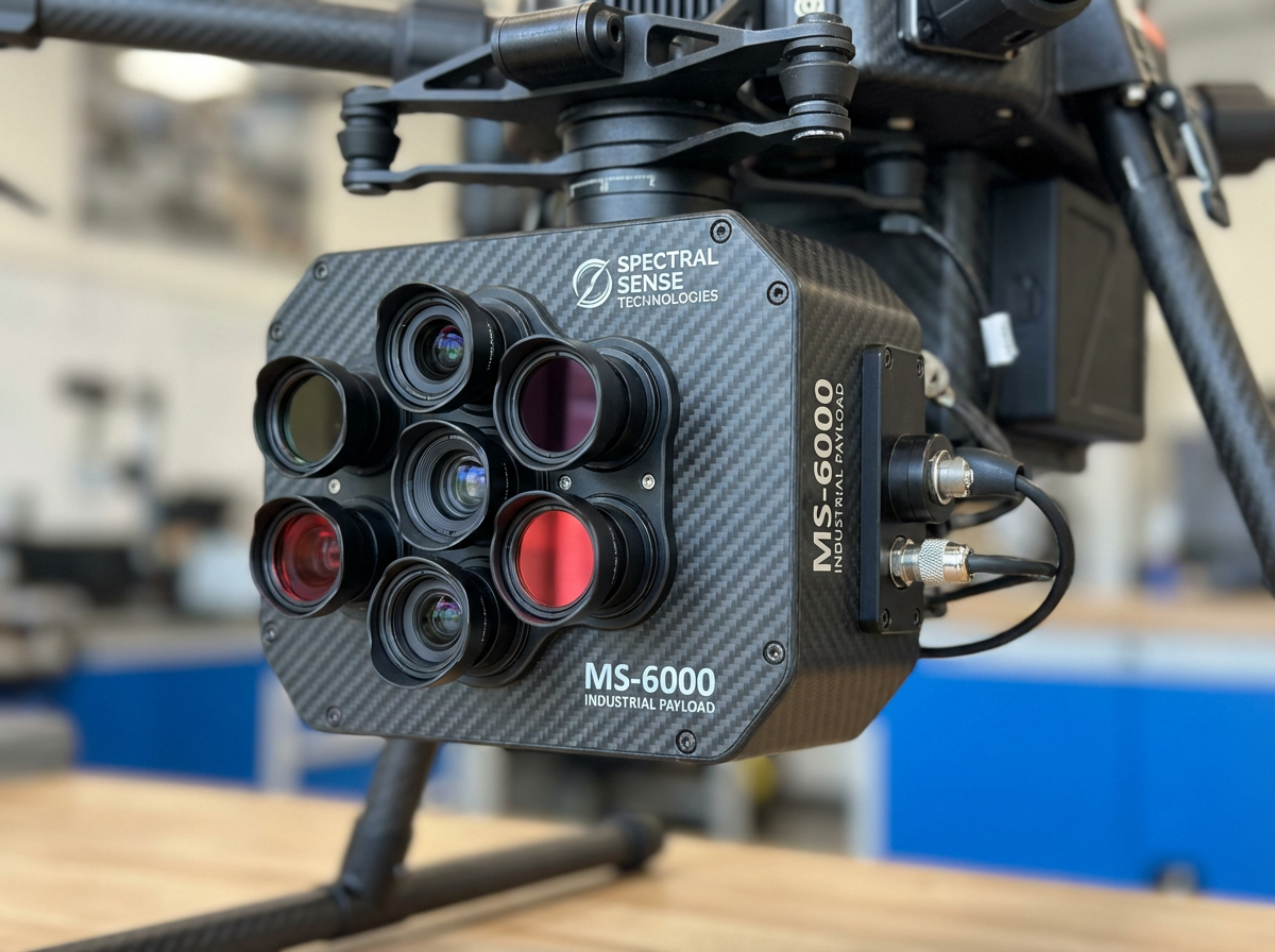 画面中展示了一个安装在无人机底部的精密工业相机载荷。这个设备呈现为一个带有碳纤维纹理的深灰色长方体，正面密集排列着七个大小不一的圆形镜头，部分镜头带有红色或紫色的滤镜，显得科技感十足。机身上清晰地印有“MS-6000 INDUSTRIAL PAYLOAD”以及“SPECTRAL SENSE TECHNOLOGIES”的白色字样。背景是模糊的室内实验室或工作坊环境，隐约可见木质桌面和蓝色的柜体。

虽然这张图片看起来非常真实，但仍存在明显的 AI 生成缺陷：首先，机身侧面的文字“MS-6000”在透视上略显僵硬，与机身弧度结合得不够自然；其次，连接机身侧面的两根黑色线缆和金属接头在结构上显得有些杂乱，缺乏明确的物理连接逻辑；最明显的是，左侧镜头组的排列方式略显凌乱，镜头边缘的金属环在交汇处出现了不自然的重叠和结构模糊，不符合精密工业设备的制造标准。
