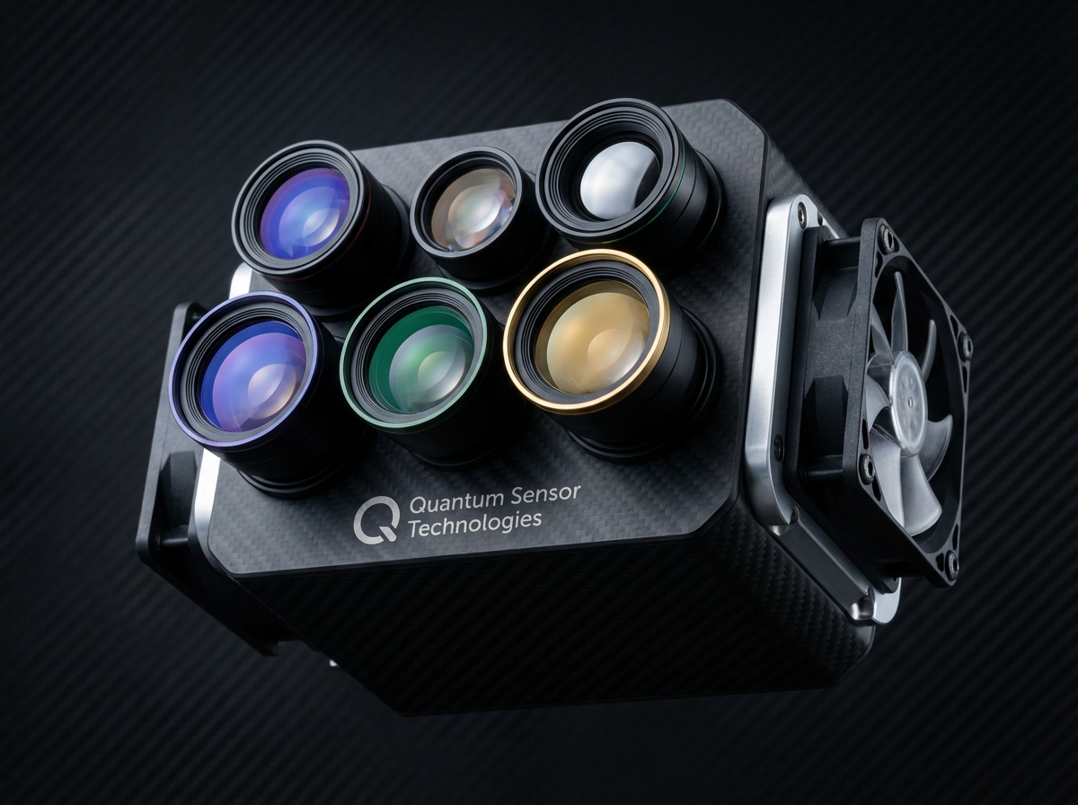 图中展示了一个具有科幻感的黑色立方体科技设备，背景是带有斜纹理的深灰色平面。该设备主体由碳纤维材质包裹，正面排列着六个大小不一的圆形光学镜头，镜头镀膜呈现出紫色、绿色和金色的反光，极具质感。设备侧面安装有一个黑色的散热风扇，通过银色金属支架固定。机身上印有白色的“Quantum Sensor Technologies”字样及一个圆圈中带有字母“Q”的标志。整体构图采用斜侧视角，光影对比强烈，营造出一种高端工业设计的氛围。在 AI 生成缺陷方面，右侧风扇的叶片形状略显不规则，且风扇中心轴的结构模糊；左下角隐约可见另一个风扇的边缘，但其透视关系与主体并不完全协调；此外，机身正面的六个镜头排列略显拥挤，缺乏明确的工程逻辑。
