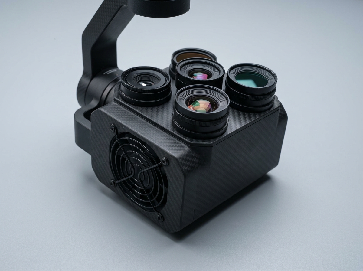 画面中展示了一个设计奇特的黑色科技设备，放置在浅灰色的平滑背景上。该设备主体呈立方体形状，外壳覆盖着碳纤维纹理，左侧连接着一个类似云台的支架臂。最引人注目的是，立方体顶部密集地排列着五个大小不一的相机镜头，镜头玻璃反射出彩色光泽。设备侧面安装有一个圆形的散热风扇罩，通过四颗螺丝固定。

这张图片存在明显的 AI 生成缺陷：首先，五个镜头的排列逻辑混乱，缺乏实际的光学成像空间，且镜头边缘与机身的衔接处显得生硬、不自然。其次，左侧的支架臂在结构上显得突兀，缺乏合理的机械连接逻辑。最明显的问题在于侧面的散热风扇罩，其内部的格栅线条扭曲交错，完全不符合工业制造的几何对称性，呈现出一种无序的乱麻状，是典型的 AI 算法错误。