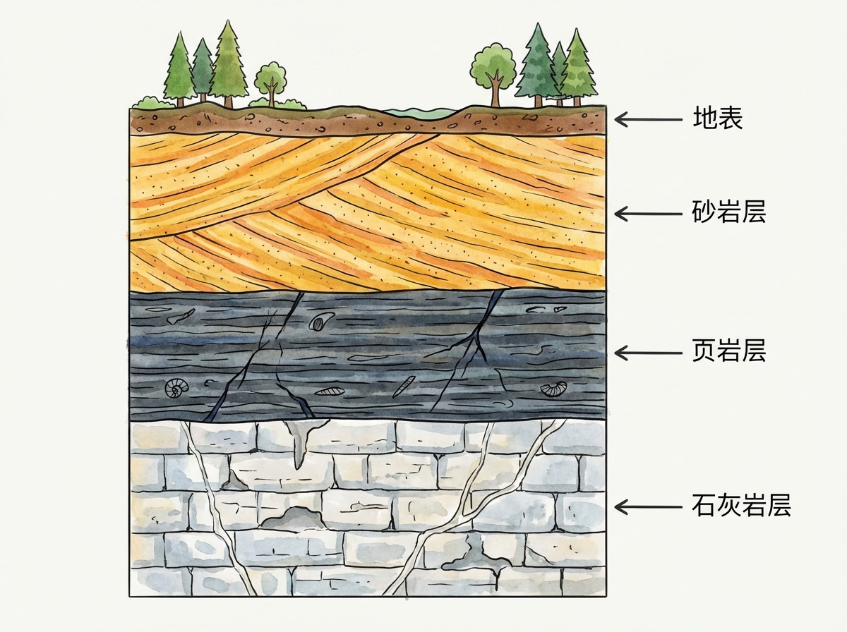 图中展示了一幅手绘水彩风格的地质地层剖面示意图。画面整体呈矩形，从上至下分为四个主要层级，右侧配有黑色箭头和简体中文标注。最顶部是“地表”，绘有绿色的松树、阔叶树和褐色土壤；其下是黄色的“砂岩层”，呈现出交错的斜纹理；中间是深灰蓝色的“页岩层”，含有水平线条和少许贝壳类化石图案；最底部是浅灰色的“石灰岩层”，由类似砖块的矩形岩石堆砌而成。画面构图清晰，色彩温润。在 AI 生成的细节方面，存在明显的逻辑缺陷：贯穿页岩层和石灰岩层的黑色裂缝在两层交界处出现了断层和不自然的位移，未能连贯衔接；石灰岩层的砖块纹理分布不均，部分线条模糊或重叠；此外，右侧的标注文字虽然清晰，但箭头指向的位置略显随意，未能精确对准各岩层的中心位置。