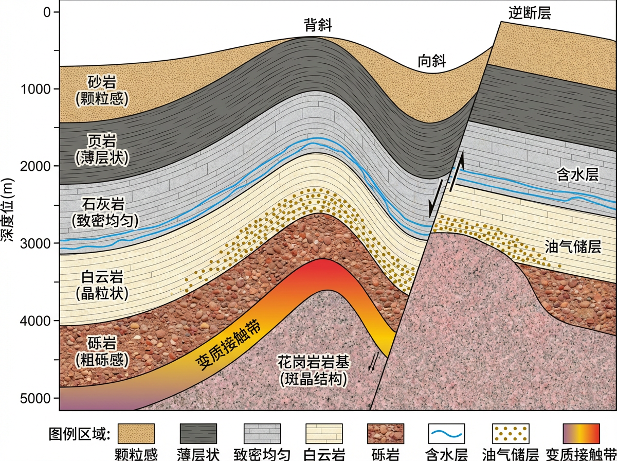 图中展示了一张地质构造剖面示意图，采用科学插画风格。画面左侧为深度坐标轴，范围从0米至5000米。地层呈现明显的褶皱构造，包括隆起的“背斜”和凹陷的“向斜”。地层由上至下依次标注为砂岩（黄色颗粒感）、页岩（深灰色薄层状）、石灰岩（浅灰色）、白云岩（淡黄色）和砾岩（棕红色块状）。在这些沉积岩下方，是一个巨大的粉红色花岗岩岩基，其上方覆盖着一条橙红色的变质接触带。画面右侧被一条倾斜的“逆断层”切断，断层两侧的地层发生了明显的位移错动。图中还标注了含水层（蓝色线条）和油气储层（黄色圆点区域）。

作为一张 AI 生成的图片，画面中存在一些明显的逻辑与文字缺陷：底部图例区域的文字排版杂乱，部分标签如“颗粒感”、“薄层状”与上方的图例方块对齐不准；“变质接触带”的图例颜色与图中实际线条颜色略有偏差；断层线上的箭头指示方向虽然试图表现逆断层，但其线条绘制略显生硬，且部分地层界线在断层两侧的衔接处显得不够自然。