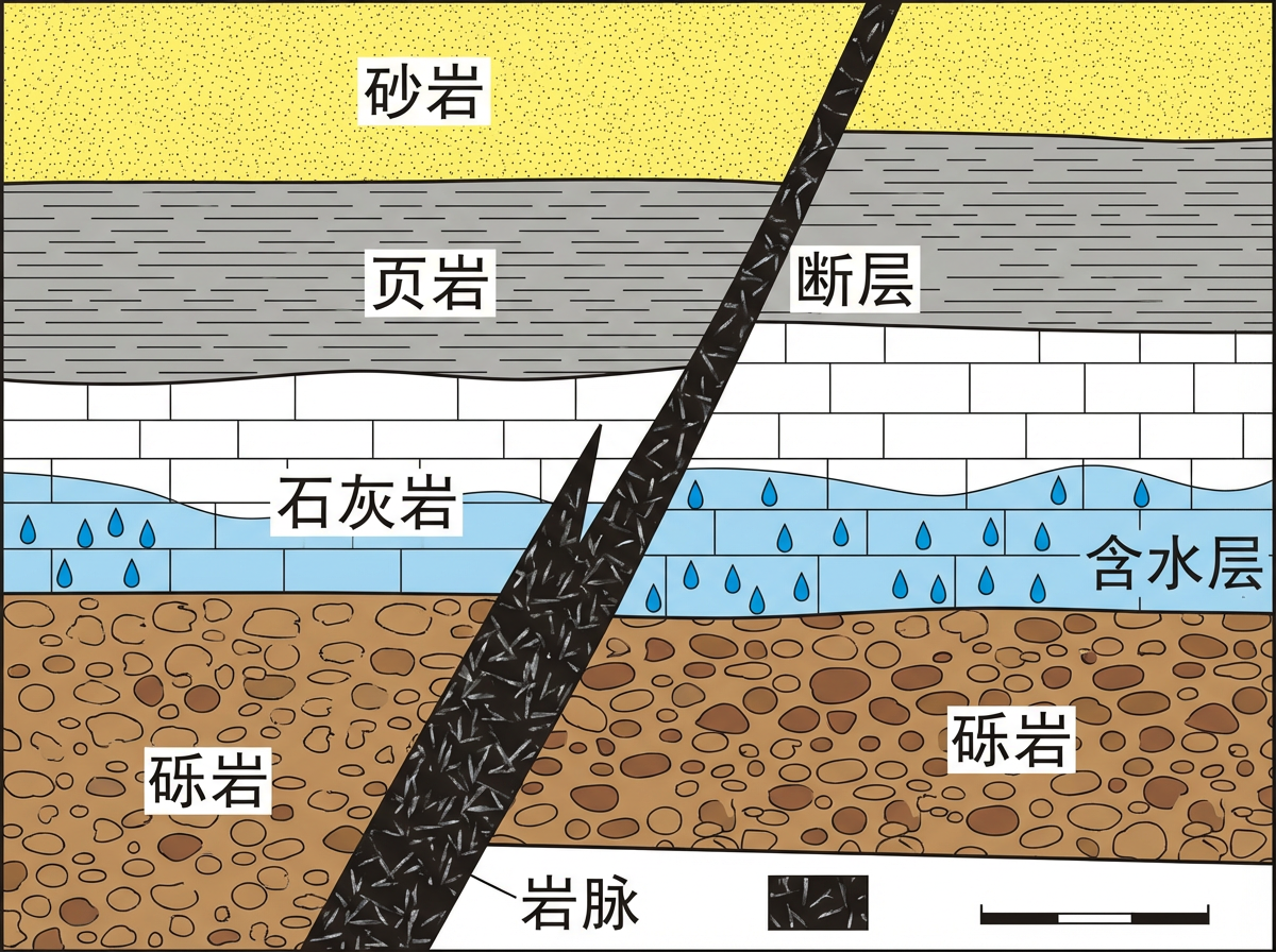 图中展示了一幅地质构造的示意图，采用扁平化的绘图风格。画面由多个水平分布的岩层组成，从上到下依次为：带有细小颗粒感的黄色「砂岩」、呈灰色横条纹状的「页岩」、白色砖块结构的「石灰岩」、含有蓝色水滴标识的浅蓝色「含水层」，以及底部由棕色鹅卵石形状构成的「砾岩」。一条黑色的粗线斜穿过所有岩层，标注为「岩脉」，其内部填充了白色的碎屑纹理。在岩脉的右侧，有一处明显的岩层错位，并标注有「断层」字样。

作为一张 AI 生成的示意图，画面存在明显的逻辑与视觉缺陷：首先，文字标注与指向存在混乱，例如「断层」标签指向的是岩脉而非实际的错位面；其次，岩层的排列在断层两侧并不完全对应，透视关系显得生硬；最明显的 AI 痕迹在于岩脉中间出现了一个莫名其妙的尖刺状分叉，且底部图例中的比例尺线条模糊、不规范，缺乏实际的度量意义。
