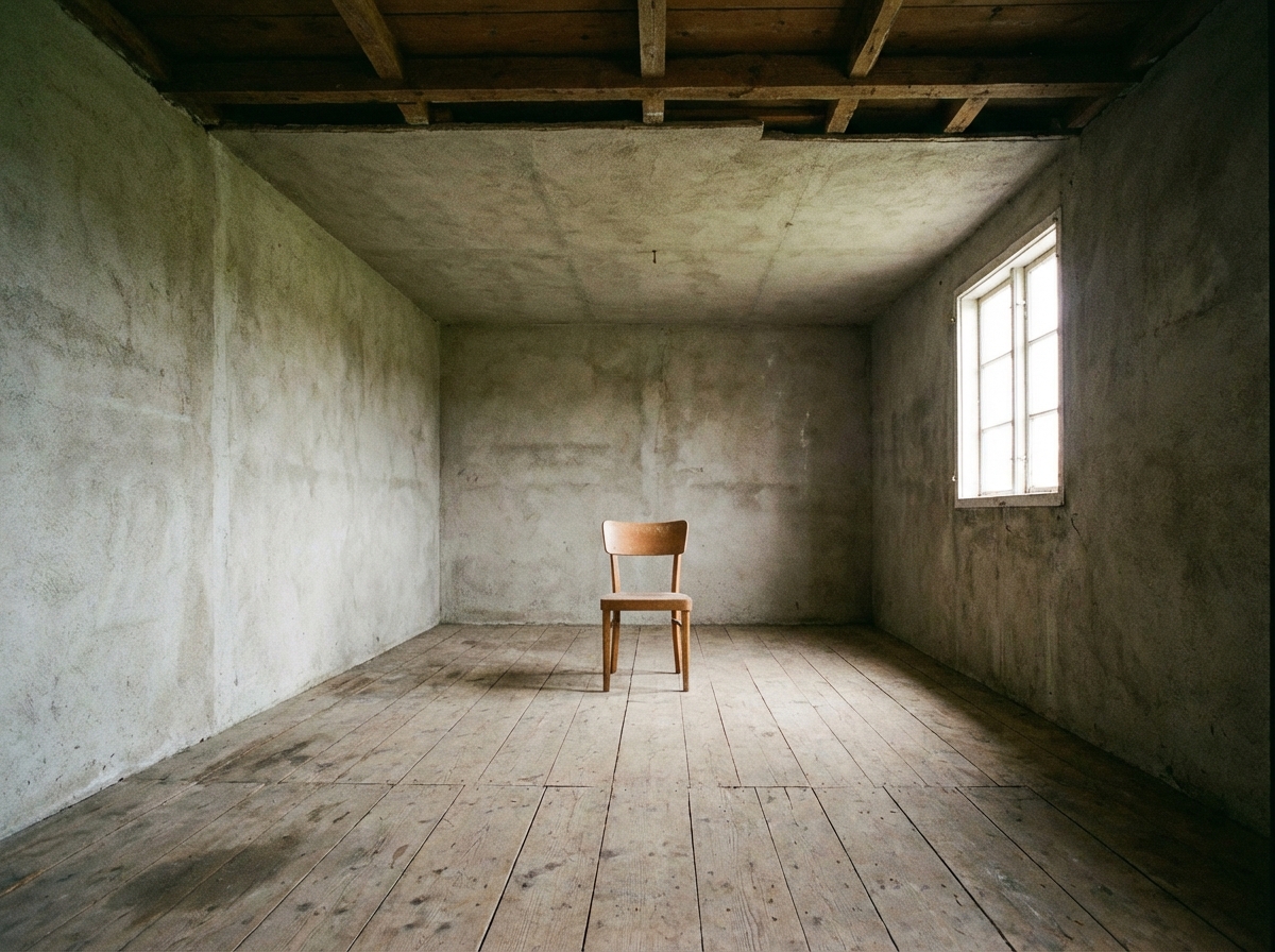 图中展现了一个空旷且略显破旧的室内空间，整体色调偏冷，呈现出一种孤独、寂静的氛围。房间的墙壁是粗糙的灰色水泥质感，带有斑驳的痕迹；地面由老旧的浅色木板铺就，木纹清晰可见。画面中心孤零零地摆放着一把棕色木质靠背椅，椅子正对着镜头。右侧墙壁上有一扇透出明亮白光的格子窗，光线斜射入室内，在椅子左侧投下淡淡的阴影。天花板由深色的木梁支撑，显得有些压抑。

在 AI 生成细节方面，存在明显的透视和逻辑异常：画面最上方的木梁结构与下方的水泥天花板衔接生硬，缺乏合理的建筑支撑逻辑；地板上的木板缝隙在延伸至镜头近端时出现了不自然的断裂和错位；此外，椅子下方的阴影形状与右侧窗户射入的光源方向不完全匹配，显得有些漂浮感。