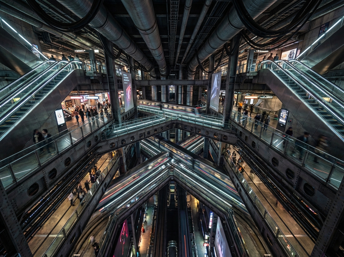 图中展现了一个充满赛博朋克风格的巨型室内交通枢纽，整体色调阴暗且冷峻，以深灰色、金属色和微弱的霓虹光为主。画面采用对称构图，顶部布满了巨大的工业管道和密集的电缆，营造出一种压抑的未来感。空间内纵横交错着多层自动扶梯和玻璃围栏的步行连廊，许多模糊的人影正在其间穿行。画面中心有几条发光的轨道呈“X”型交叉，像是高速移动的列车留下的光影残像。

作为一张 AI 生成的图片，画面存在明显的逻辑和透视缺陷：首先，中景处的交叉轨道在几何结构上极不合理，轨道似乎直接穿透了彼此，缺乏物理支撑；其次，扶梯与平台的连接处显得生硬且混乱，部分台阶的线条在延伸过程中发生了扭曲；此外，画面两侧的广告牌文字模糊不清，呈现出无意义的色块，部分人物的肢体轮廓与背景金属结构融合在一起，缺乏真实的立体感。