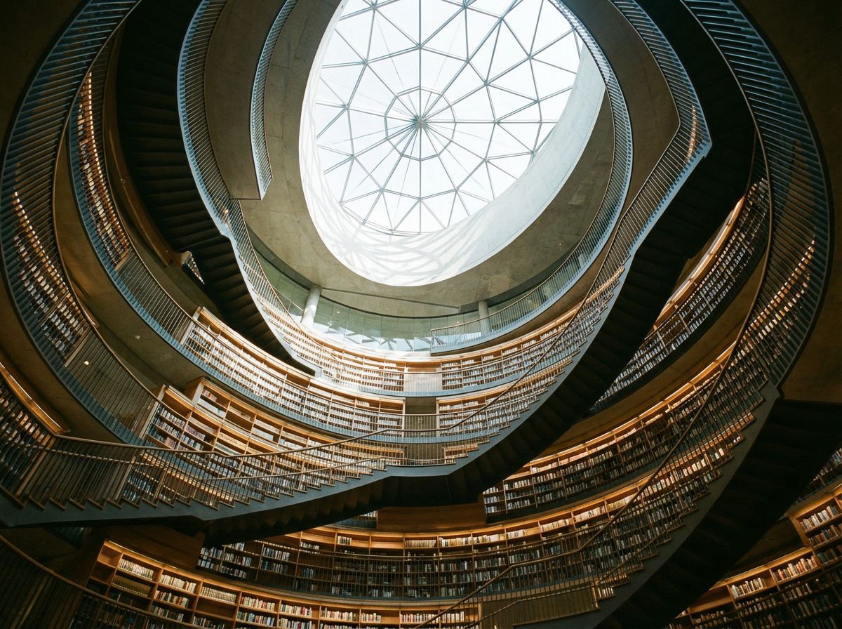 图中展示了一座宏伟且充满现代感的环形图书馆内部，采用仰视视角拍摄。画面中心是一个巨大的圆形玻璃穹顶天窗，明亮的自然光从中倾泻而下，照亮了整个空间。四周是层层叠叠、呈螺旋状上升的深色阶梯和走廊，墙面上镶嵌着密密麻麻的木质书架，摆满了各式书籍。色调以温暖的木质棕色和冷峻的深灰色为主，构图呈现出强烈的几何对称美和深邃的纵深感。

在 AI 生成细节方面，画面存在明显的逻辑缺陷：左侧和底部的楼梯扶手与台阶的连接处显得杂乱且不自然，部分栏杆线条在交汇处发生了扭曲或凭空消失。书架上的书籍细节模糊，呈现出重复且无意义的色块。此外，螺旋楼梯的物理结构在透视上略显混乱，部分阶梯似乎悬浮在空中，缺乏合理的支撑结构，展现了典型的 AI 空间建模异常。