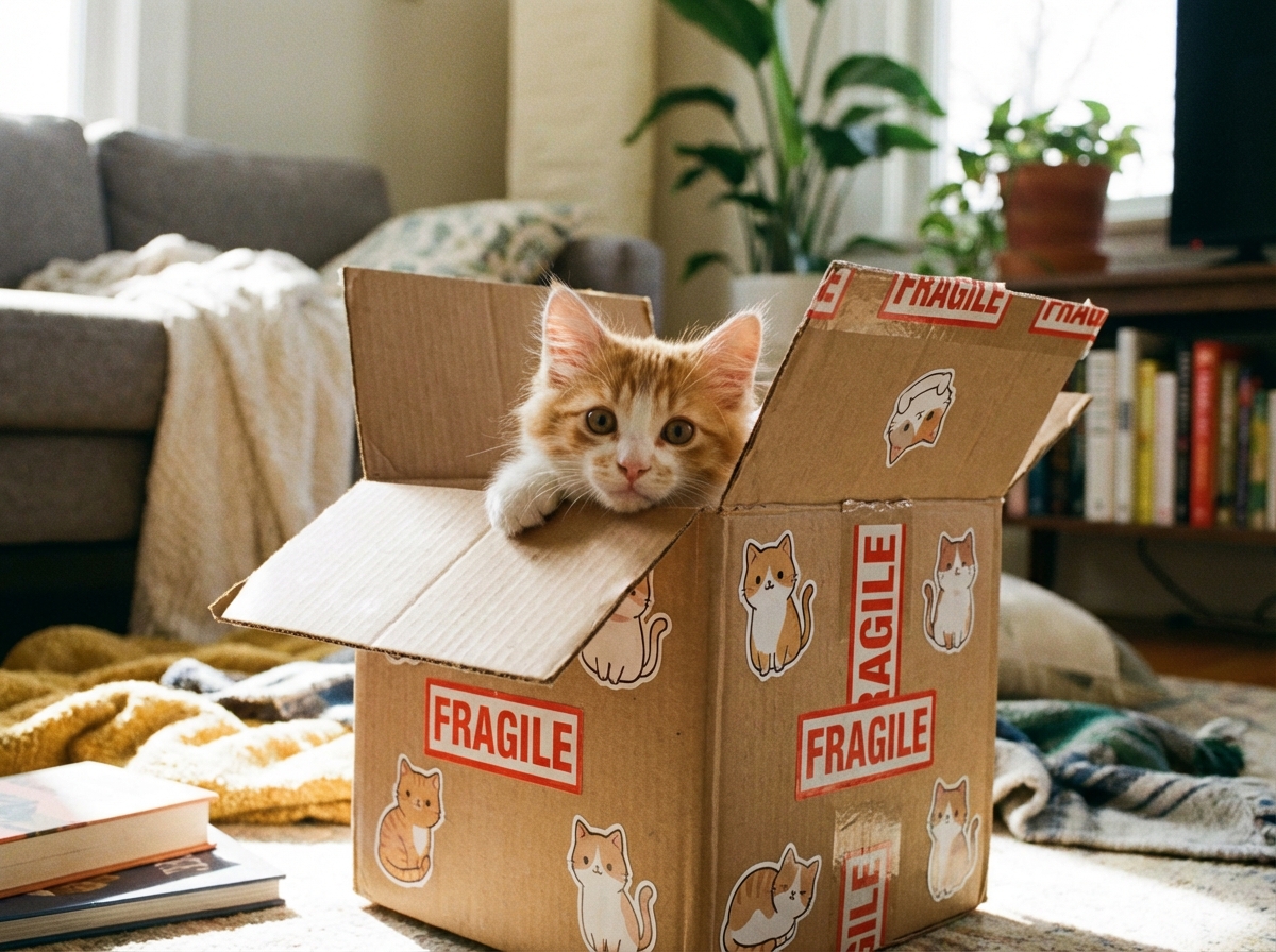 图中展现了一个温馨的室内居家场景，一只橘白相间的小猫正从一个纸箱里探出头来。画面中心是一个棕色的瓦楞纸箱，箱体上贴着多张红底白字的“FRAGILE”（易碎品）胶带和可爱的卡通猫咪贴纸。小猫有着明亮的大眼睛，一只前爪搭在箱子边缘，神情好奇。背景是光线柔和的客厅，可以看到灰色的布艺沙发、散落的毯子、绿植以及摆满书籍的木质书架，整体色调温暖且富有生活气息。

在 AI 生成的细节方面，存在一些明显的逻辑缺陷：首先，纸箱上的“FRAGILE”文字虽然大体可辨，但部分胶带上的字母出现了扭曲和拼写模糊；其次，箱子右侧边缘的结构透视略显生硬，与盖子的连接处不够自然；此外，背景中书架上的书籍背脊细节模糊，缺乏真实的纹理感。最明显的异常在于纸箱盖内侧的一张贴纸，其图案呈现出一种扭曲且不完整的形态，未能形成清晰的猫咪形象。