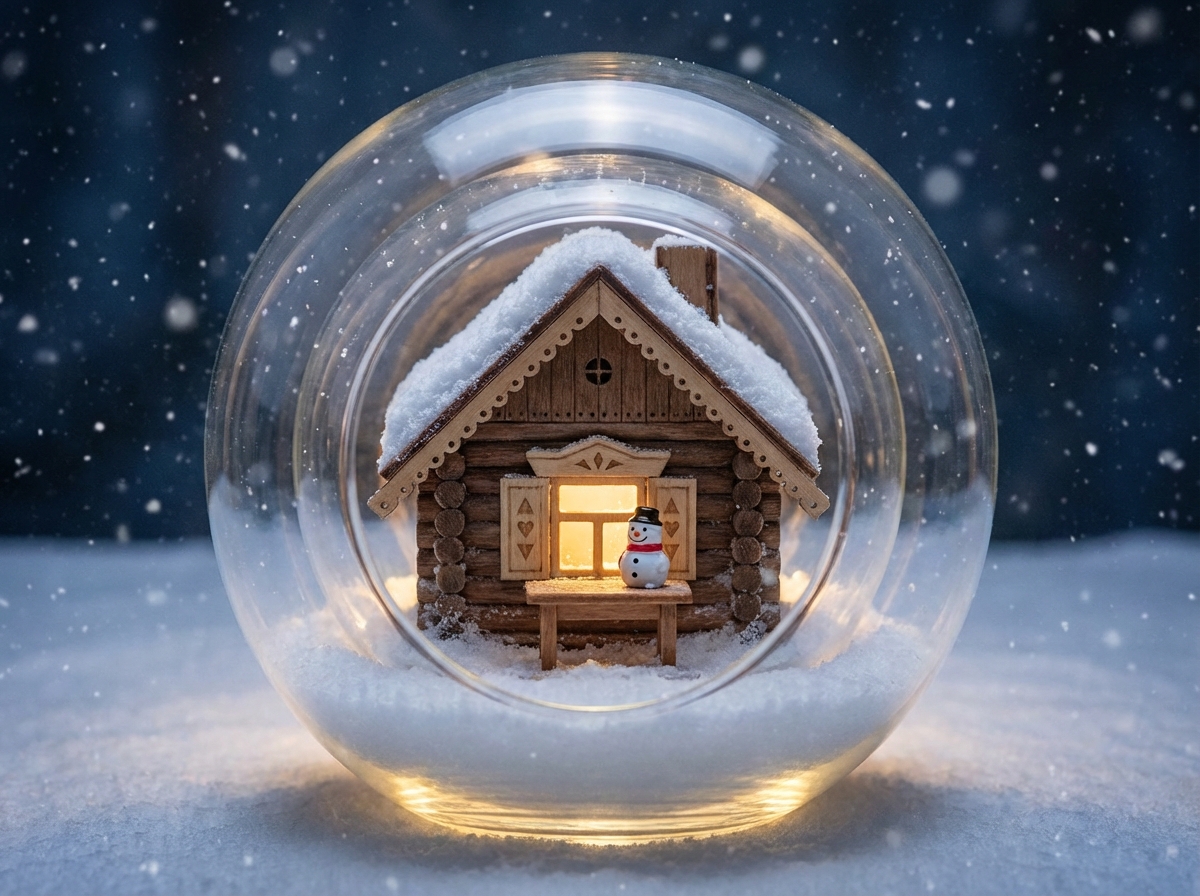 图中展示了一个精致的透明玻璃球，球体内封装了一个温馨的冬日雪景微缩模型。画面中央是一座深褐色的木制小木屋，屋顶覆盖着厚厚的积雪，窗户透出暖黄色的灯光，窗台前的长凳上坐着一个戴着黑色礼帽、围着红围巾的小雪人。玻璃球由多层透明圆环构成，呈现出一种奇幻的嵌套感，球体底部散发着柔和的金光，照亮了周围洁白的雪地。背景是深蓝色的夜空，伴有虚化的雪花点点落下，整体色调冷暖交织，充满童话感。

在 AI 生成的细节方面，存在明显的逻辑和透视缺陷：玻璃球的结构异常，球体边缘出现了多重重叠的圆环，看起来像是多个玻璃壳嵌套在一起，但不符合真实的物理光学反射。此外，小木屋左侧的屋檐线条略显生硬，与积雪的融合不够自然；木屋下方的长凳腿部支撑结构模糊，似乎直接悬浮或嵌入了雪中，缺乏真实的受力点。
