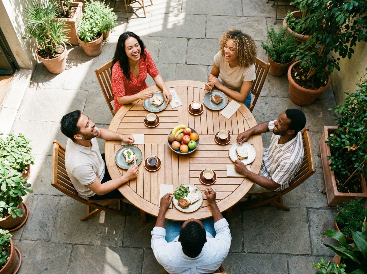 图中展现了一个阳光明媚的午后，五位不同族裔的朋友正围坐在一张圆形的木质餐桌旁，在铺着石板地的露天庭院里聚餐。画面采用高角度俯视构图，四周点缀着许多陶土盆栽绿植，营造出自然惬意的社交氛围。桌上摆放着咖啡、面包点心和一盘新鲜水果，每个人都面带灿烂的笑容，正在愉快地交谈。

然而，画面中存在多处明显的 AI 生成缺陷。最显著的是人物的手部和餐具：画面下方穿白衣男子的右手手指扭曲且数量异常，他面前的餐盘边缘模糊；左侧穿白衣男子的右手拿叉子的姿势非常僵硬，叉子似乎直接嵌入了手中；右侧条纹衫男子的左手手指也显得模糊不清。此外，桌子中心的木纹线条在水果盘下方出现了逻辑断裂，部分餐具的阴影投射方向与整体光影环境不完全吻合。尽管色彩明快、构图和谐，但这些细节处的形变揭示了其 AI 生成的本质。