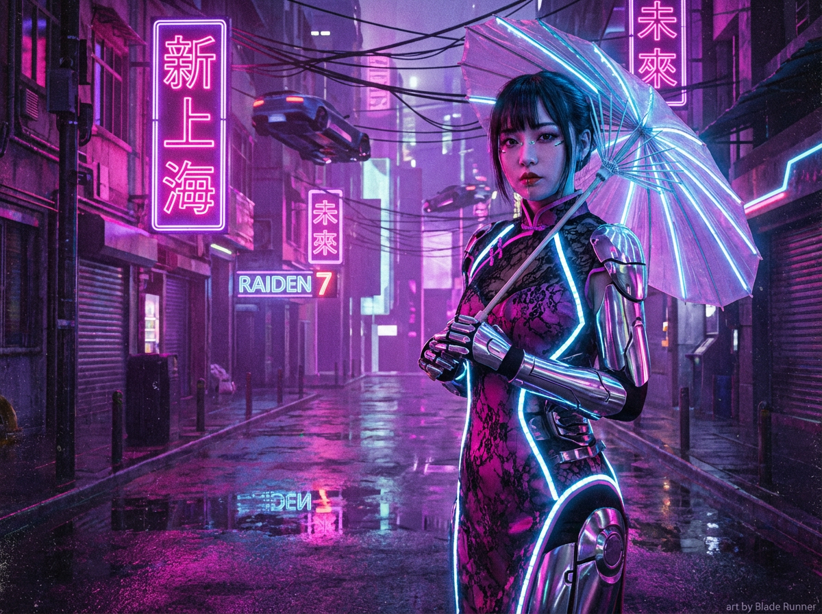 图中展现了一个充满赛博朋克风格的未来都市街道。画面中心是一位年轻女性，她身着融合了传统与科技感的粉紫色蕾丝旗袍，手臂和身体局部覆盖着银色的机械装甲，边缘散发着青蓝色的霓虹光条。她手持一把透明且带有发光骨架的雨伞，神情冷峻地看向镜头。背景是一条潮湿阴暗的巷弄，地面映照着紫色和蓝色的霓虹灯光，空中悬浮着几辆极具未来感的飞行汽车。街道两旁挂满了写有“新上海”和“未来”字样的粉色霓虹招牌。

画面中存在明显的 AI 生成缺陷：首先是文字问题，招牌上的“未来”二字笔画扭曲，且右侧背景中的文字结构模糊不清；其次是手部细节，女性握伞的左手手指数量和关节连接显得生硬且不自然，与伞柄的接触点透视关系略显诡异；此外，背景中杂乱交错的电线在空间逻辑上缺乏合理的支撑点，呈现出一种随机生成的凌乱感。
