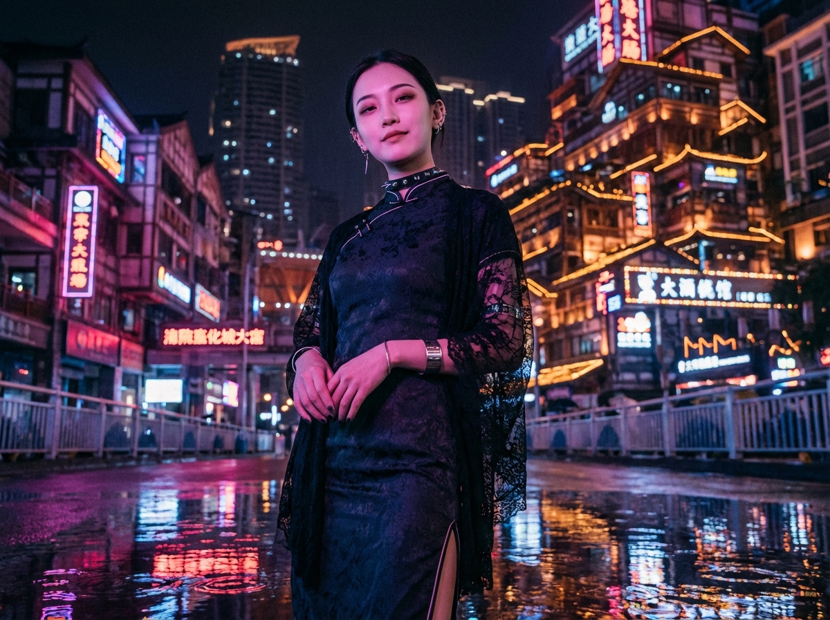 图中展现了一位年轻女性站在夜晚的城市街道中心。她身穿一件黑色蕾丝旗袍，搭配黑色薄纱外套，颈部戴着带有金属装饰的颈圈，整体风格融合了传统与现代赛博朋克元素。背景是繁华的都市夜景，街道两旁布满了层层叠叠的仿古建筑，上面挂满了红、蓝、紫色的霓虹灯招牌，地面因刚下过雨而湿滑，倒映着绚烂的灯光。构图上，女性位于画面中央，采用中景仰拍视角，显得身材修长。

画面中存在明显的 AI 生成缺陷：首先，女性的双手交叠在腹前，但手指的结构模糊且扭曲，指尖数量和形状显得不自然；其次，背景建筑上的汉字招牌大多是无法辨认的乱码或笔画错误的伪文字；此外，右侧背景中路人的身形显得支离破碎，与环境融合得不够自然。整体光影虽然华丽，但部分霓虹灯的反射在积水中的透视关系略显生硬。