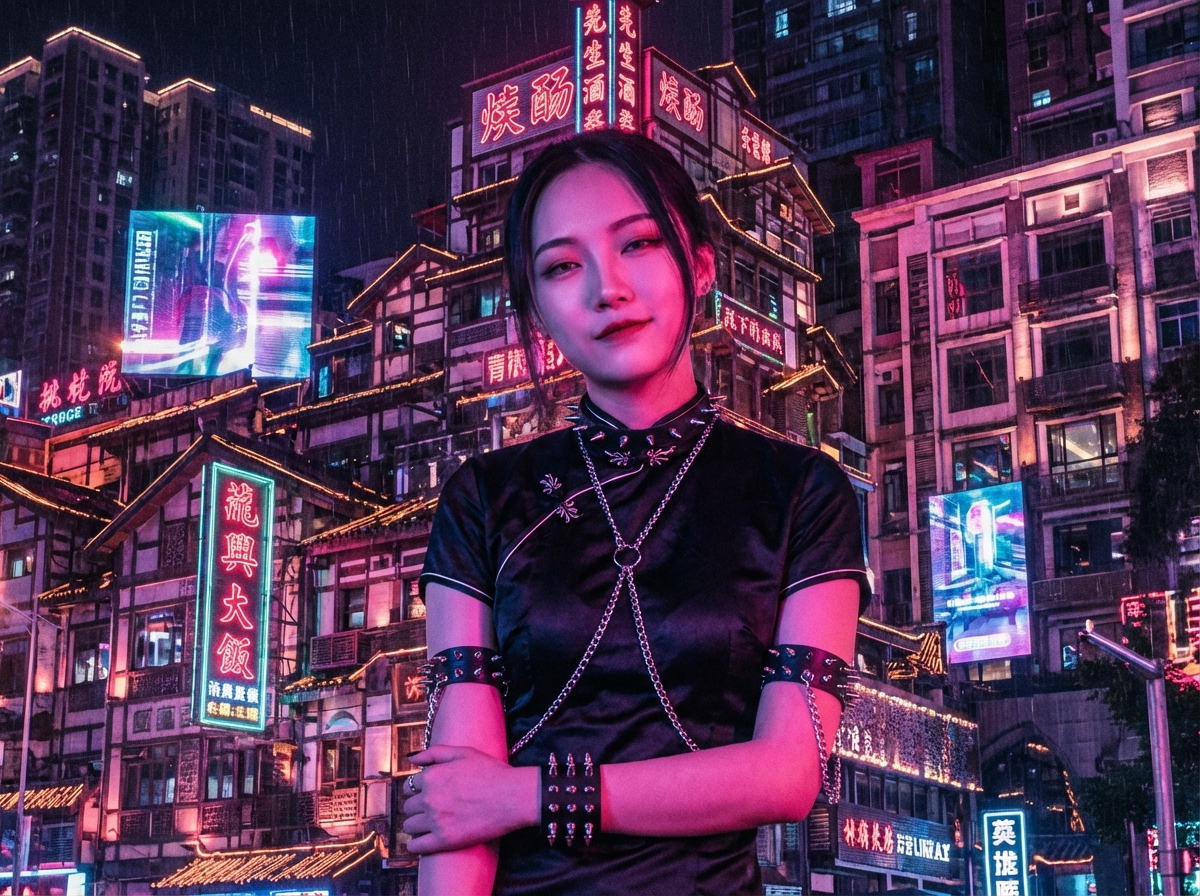图中展示了一位具有赛博朋克风格的年轻东亚女性，她身处一个细雨蒙蒙、霓虹闪烁的繁华都市夜景中。女子位于画面中心，留着黑色中分长发，眼神冷峻。她穿着一件黑色改良旗袍，领口和双臂装饰有带有金属尖刺的皮质束带，胸前挂着交叉的金属链条，展现出一种叛逆与传统结合的视觉感。背景是极具重庆或香港风格的层叠建筑，密集的楼宇间挂满了写有中文字样的红色和绿色霓虹灯招牌，整体色调以深紫、玫红和青蓝色为主，营造出一种科幻而压抑的氛围。

在 AI 生成的细节方面，画面存在明显的逻辑缺陷：背景中的中文招牌文字大多是扭曲且无法辨认的乱码，缺乏实际意义。女子的右手手指在交叠时显得有些模糊和结构异常，指甲的边缘处理不够自然。此外，她胸前的金属链条与衣服的穿插关系在透视上略显生硬，部分链条末端似乎凭空消失在衣褶中。尽管如此，整幅画面的光影渲染非常出色，成功捕捉到了雨夜霓虹的质感。