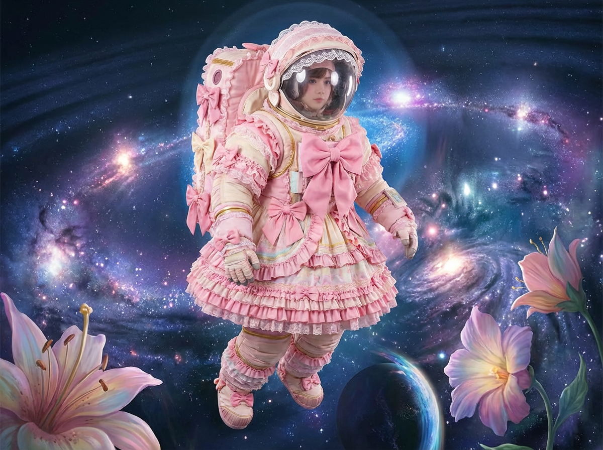 图中展示了一位身处浩瀚星空的宇航员，其形象融合了硬核航天科技与甜美的洛丽塔风格。画面中央的宇航员穿着一套极具装饰性的粉色宇航服，上面布满了蕾丝花边、层叠的百褶裙摆以及大大小小的粉色蝴蝶结，头盔边缘也镶嵌着精致的蕾丝。背景是深邃的紫色调宇宙，点缀着璀璨的星云、旋涡状的星系和一颗巨大的星球。前景中漂浮着几朵巨大的粉色百合花，营造出一种超现实的梦幻氛围。

然而，画面中存在明显的 AI 生成缺陷：宇航员的左手（画面右侧）手指结构模糊且扭曲，呈现出不自然的块状；右手（画面左侧）的指缝处处理也较为生硬。此外，宇航服上的蝴蝶结和蕾丝褶皱在细节处显得逻辑混乱，部分线条相互穿插。宇航员的面部虽然清晰，但与头盔内部的透视关系略显违和，整体光影与背景星系的结合也存在一定的漂浮感。