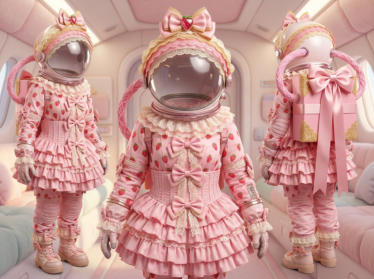 画面中展示了三名穿着粉色洛丽塔风格宇航服的人物，分别以侧面、正面和背面的视角并排站立在粉色调的机舱内。宇航服融合了大量甜美元素：头盔顶部装饰着巨大的粉色蝴蝶结和草莓模型，边缘点缀着蕾丝花边；宇航服主体布满了红草莓图案，胸前有三个整齐排列的蝴蝶结，下摆则是层层叠叠的蛋糕裙褶皱。背面的宇航员背着一个巨大的粉色礼盒状背包，上面系着夸张的长丝带。整体色调为柔和的浅粉色和奶油色，营造出梦幻的超现实氛围。

在 AI 生成的细节方面，存在明显的逻辑缺陷：中间人物的右手手指数量异常且形态模糊；左侧人物的头盔面罩反光显得有些生硬；右侧人物背后的粉色软管连接位置不对称，且与背包的穿插关系不符合物理逻辑。此外，宇航服上的蕾丝纹理在某些褶皱处显得过于平滑，缺乏真实的布料质感。