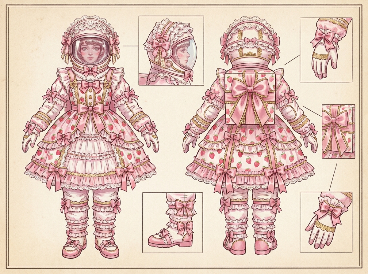 图中展示了一张复古风格的插画，描绘了一套融合了洛丽塔裙装元素的粉色宇航服设计稿。画面背景为淡雅的米黄色，呈现出纸张的质感。主体包括宇航服的正视图和背视图，周围分布着头盔侧面、手套和靴子的细节放大图。这套宇航服充满了甜美元素：粉白相间的配色、密集的草莓印花、大量的蕾丝花边以及粉色蝴蝶结装饰。头盔被设计成类似遮阳帽的形状，边缘缀满蕾丝；背部的生命维持系统则被伪装成一个巨大的粉色礼品盒。

画面中存在明显的 AI 生成缺陷：在右手边的手套细节图中，手掌的结构非常混乱，手指的数量和关节连接方式不符合人体构造，看起来像是一簇模糊的肉柱。此外，部分蕾丝纹理在放大框中显得杂乱且不对称，线条连接处不够自然。整体构图虽然精美，但细节处的逻辑错误揭示了其 AI 生成的本质。