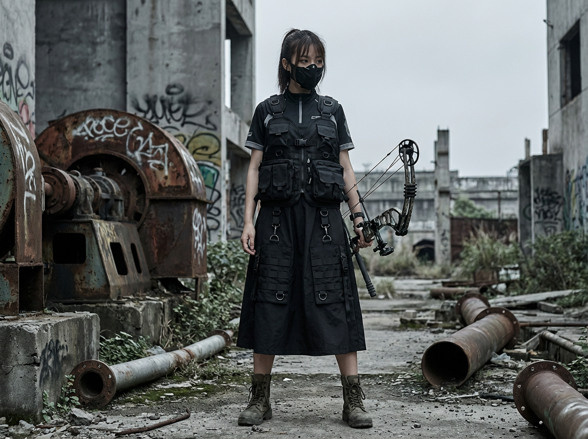 画面中展示了一位年轻女性站在荒凉的废墟背景下。她留着深色马尾辫，戴着黑色战术口罩，身穿全黑色的机能风服饰，包括一件多口袋战术背心、长款工装裙和军绿色作战靴。她左手持一把复杂的复合弓，神情冷峻地望向侧方。背景是破旧的混凝土建筑，墙上布满了涂鸦，地面散落着生锈的金属管道和工业零件，整体色调偏冷且阴暗，营造出一种末世废土的氛围。

在 AI 生成细节方面，画面存在明显的逻辑与结构缺陷：女性持弓的左手手指显得僵硬且比例失调，指尖与弓柄的融合不够自然；复合弓的弦线结构混乱，部分线条在空中无故断开或交错，不符合真实的机械原理；此外，她右侧腰间的裙摆处出现了一些模糊的黑色色块，与背景的衔接显得生硬。尽管环境氛围渲染到位，但这些细节揭示了图像的非真实性。