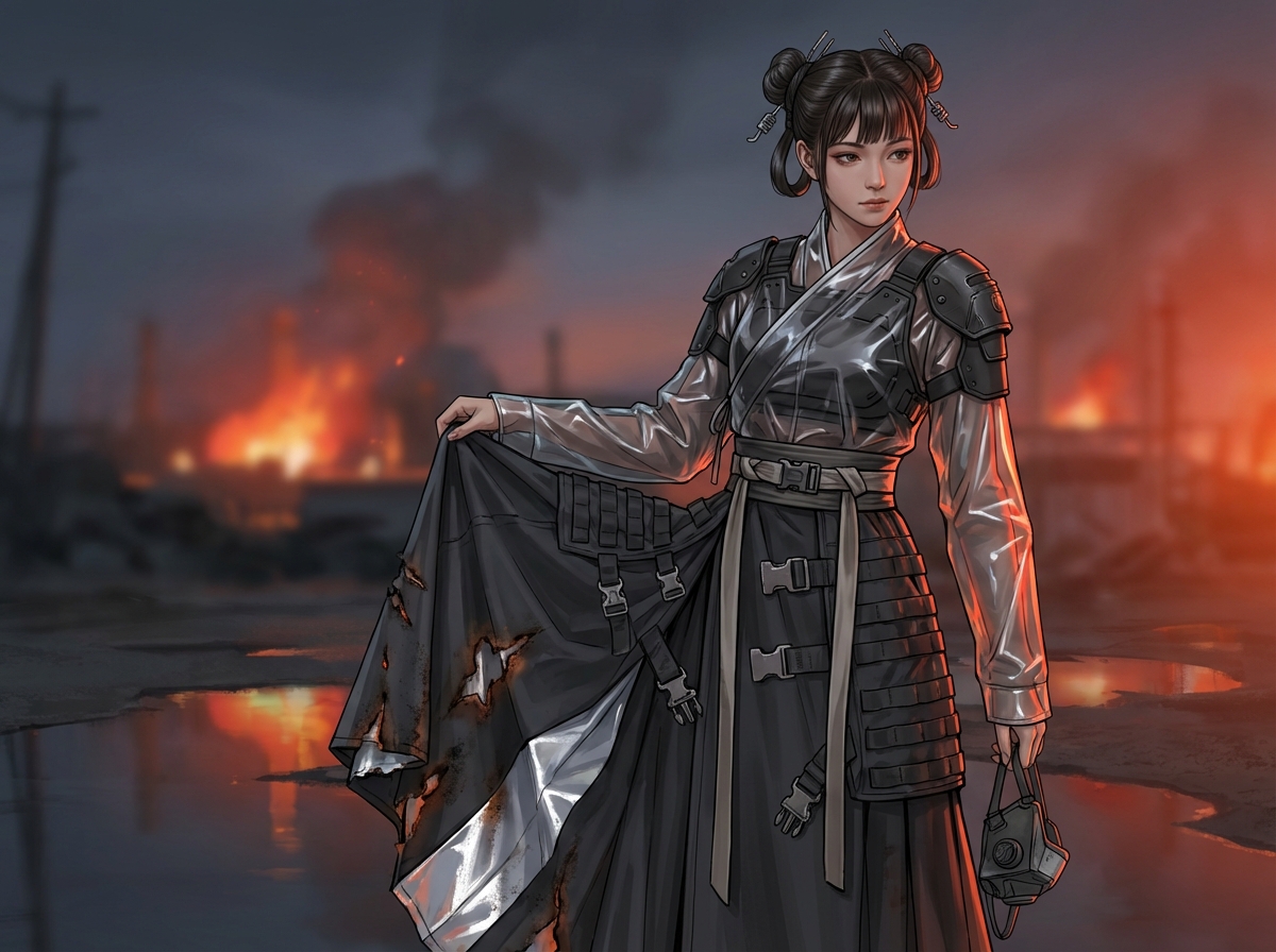 图中展现了一位身处战火废墟中的年轻女性，画风融合了赛博朋克与中式古风。女子梳着双丸子头，发间插着金属发簪，神情冷静地望向侧方。她穿着一件半透明材质的交领长袖上衣，外搭黑色战术护肩和带有大量插扣、束带的黑色长裙。她右手提起破损且有烧焦痕迹的裙摆，左手拎着一个防毒面具。背景是昏暗的黄昏，远处火光冲天，浓烟滚滚，地面上有映照着火光的积水。画面构图以人物为中心，冷调的背景与暖色的火光形成鲜明对比。在 AI 生成细节方面，存在明显的逻辑缺陷：女子右手的指关节连接异常，显得有些僵硬扭曲；左手拎着的防毒面具结构模糊，带子与手部的连接方式不符合物理常识；此外，裙摆上的插扣分布杂乱，部分扣具像是直接漂浮或融合在布料上，缺乏合理的结构支撑。