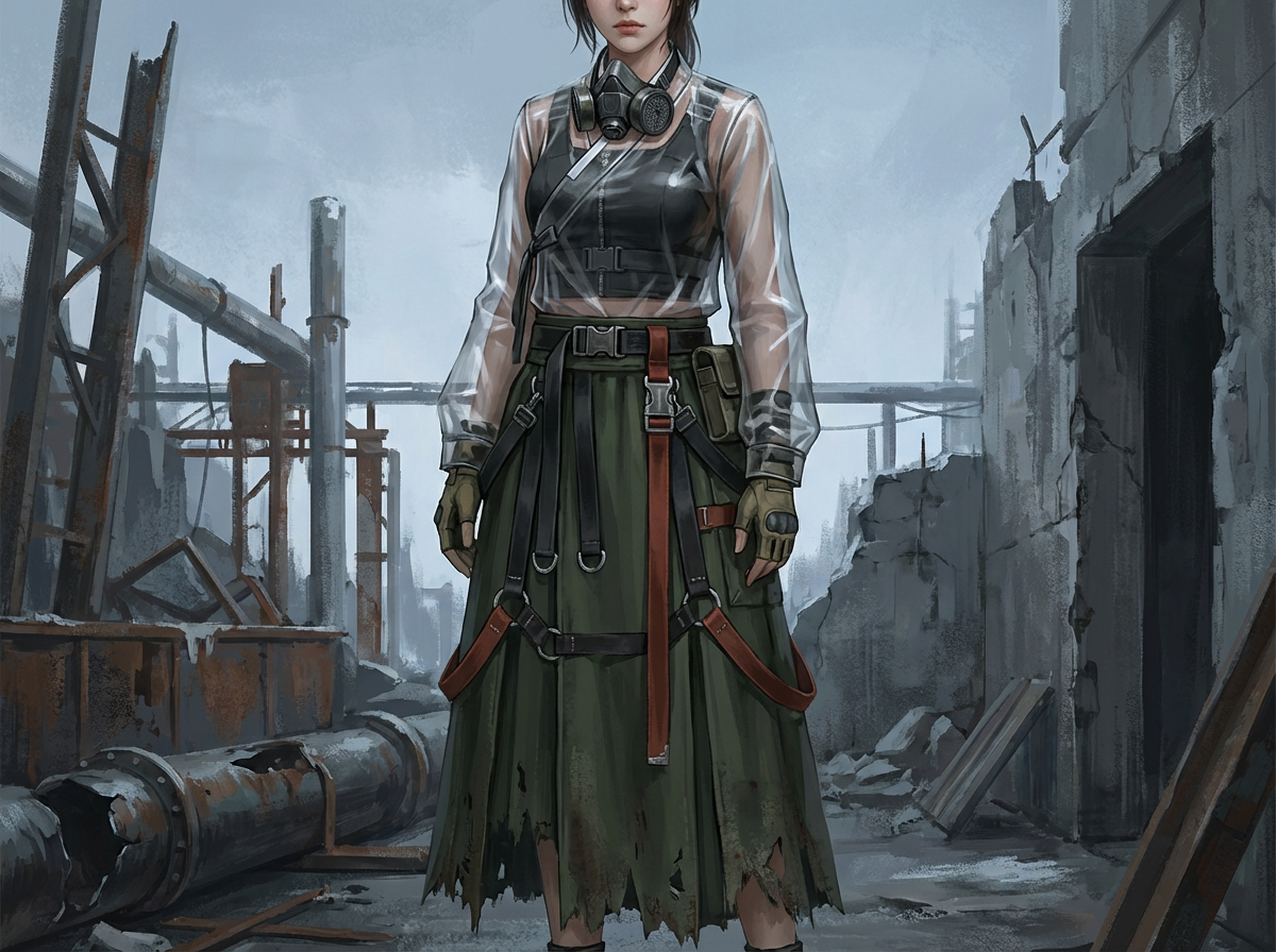 画面中展示了一位身处废墟之中的年轻女性，整体呈现出一种末世废土风格。她位于画面中央，颈部挂着一个黑色的防毒面具，身穿黑色背心，外罩一件透明的塑料质感长袖外套。下半身穿着一条墨绿色的长裙，裙摆处有明显的破损和污渍，裙子上装饰着复杂的黑色和红色功能性背带与扣具。背景是灰暗阴沉的工业遗迹，可以看到锈迹斑斑的管道、残破的钢架和倒塌的混凝土墙壁，色调以冷灰色和暗绿色为主。

在 AI 生成的细节方面，存在一些明显的逻辑缺陷：人物右侧（画面左侧）的手部手指线条模糊且结构生硬，指尖形状不自然；腰间的红色带子末端悬浮在裙摆前，缺乏合理的重力下垂感与阴影衔接；此外，背景中的管道与钢架在透视上略显混乱，部分线条在交汇处出现了结构性的断裂或融合错误。