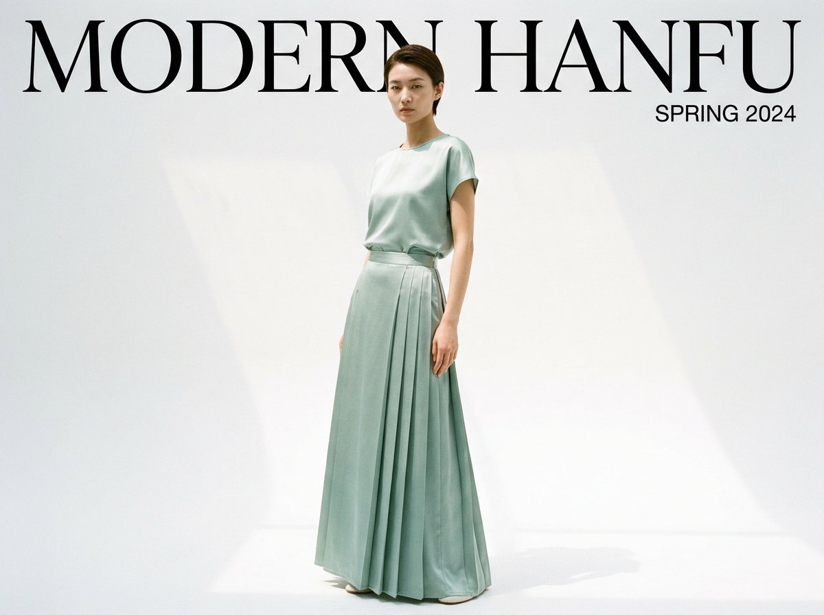 图中展示了一张具有时尚杂志封面风格的照片。画面中心是一位留着利落短发的亚洲女性模特，她神情清冷，正对着镜头站立。她身穿一套淡豆绿色的绸缎质感套装，上衣是简约的短袖，下身是带有细密褶皱的长裙，整体风格融合了现代简约与传统元素。背景是纯净的白色，伴有柔和的斜向光影，营造出一种极简的高级感。画面上方有黑色的大号衬线字体，写着“MODERN HANFU”，下方附有较小的“SPRING 2024”字样。

在 AI 生成的细节方面，存在明显的逻辑缺陷：模特的左手（画面右侧）手指线条模糊且结构异常，看起来不够自然；此外，模特头顶上方的字母“N”被一根不明原因的黑色细长线条垂直穿过，这在真实的摄影或排版中是不合理的。字母“MODERN”中的“R”与模特头部的遮挡关系也略显生硬。