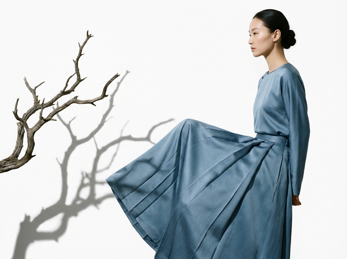 图中展示了一幅极简主义风格的时尚摄影作品。画面背景为纯净的白色，左侧有一截苍劲的枯木枝干向中心延伸，并在白墙上投射出清晰的阴影。右侧是一位亚洲女性的侧影，她扎着低发髻，面容清秀，身穿一套灰蓝色的绸缎质感长裙。构图上，女性的裙摆夸张地向左侧扬起，与枯木的线条形成呼应。然而，画面存在明显的 AI 生成缺陷：最显著的是人物的身体结构异常，她的下半身与裙摆的连接逻辑混乱，看起来像是凭空多出了一块巨大的布料支撑在空中，且缺乏腿部的支撑点；此外，人物背后的手部结构模糊不清，与身体的衔接十分生硬；枯木的阴影与实物的分叉细节也不完全匹配。整体色调冷峻，营造出一种东方禅意的氛围。