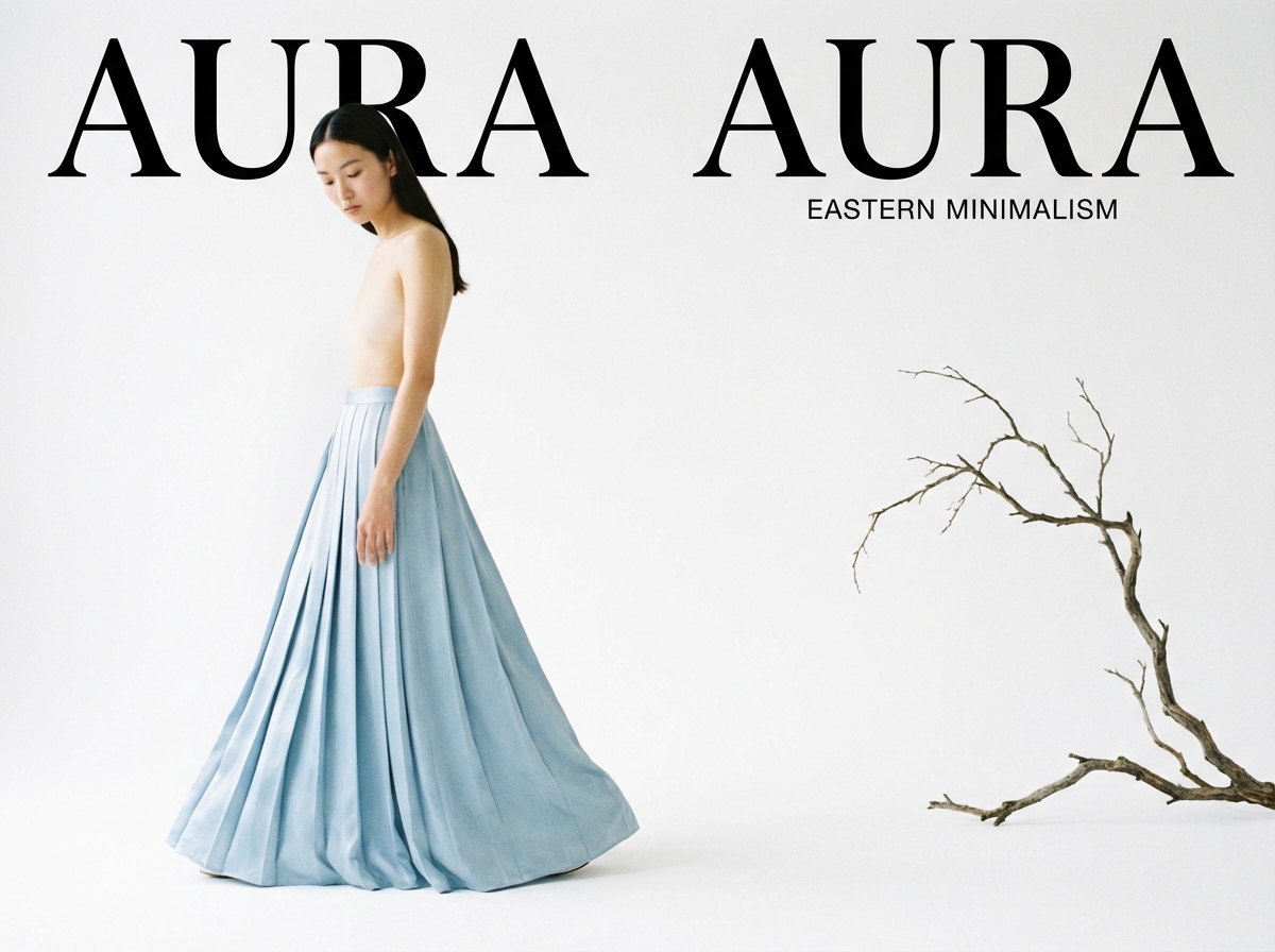 图中展示了一张极简主义风格的时尚海报。画面背景为纯净的白色，左侧站立着一位长发披肩、面容清秀的亚洲女性，她赤裸上身，下半身穿着一条质感轻盈、带有细密褶皱的浅蓝色长裙，裙摆宽大垂至地面。画面右侧放置了一截干枯的褐色树枝，营造出一种清冷、静谧的东方韵味。上方有醒目的黑色大写字母“AURA AURA”，下方配有小字“EASTERN MINIMALISM”。

在 AI 生成细节方面，存在明显的逻辑缺陷：画面中女性的身体结构异常，她似乎只有左侧的一只手臂自然下垂，而右侧肩膀处完全缺失了手臂的结构，且上半身的皮肤质感与光影衔接显得不够自然，呈现出一种断裂感。此外，长裙的腰部与身体的连接处也略显生硬，缺乏真实的物理褶皱过渡。