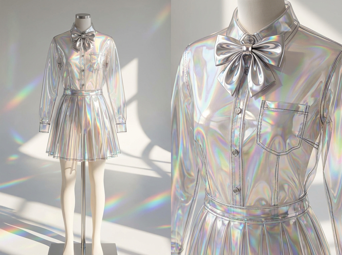 图中展示了一套极具未来感的全息幻彩材质制服，由一件长袖衬衫和一条百褶短裙组成。这套服装被穿在一个极简风格的白色人体模型上，背景是简洁的浅灰色墙面。服装材质呈现出半透明的银色质感，表面折射出如虹彩般的五彩光泽，领口处系有一个巨大的同材质蝴蝶结。画面分为左右两部分，左侧为全身远景，右侧为上半身的细节近景。光影处理非常细腻，墙面上投射出柔和的窗影和彩虹色光斑，营造出梦幻的氛围。

在 AI 生成的细节方面，存在一些明显的逻辑缺陷：右侧近景中，衬衫门襟上的纽扣分布不均，且最上方的纽扣与蝴蝶结的衔接方式显得生硬且不符合物理结构；衬衫口袋的缝线在转角处略显模糊，与整体锐利的边缘不符；此外，左侧全身图中模型腿部与底座支撑杆的融合感略显生硬，缺乏真实的重力支撑细节。