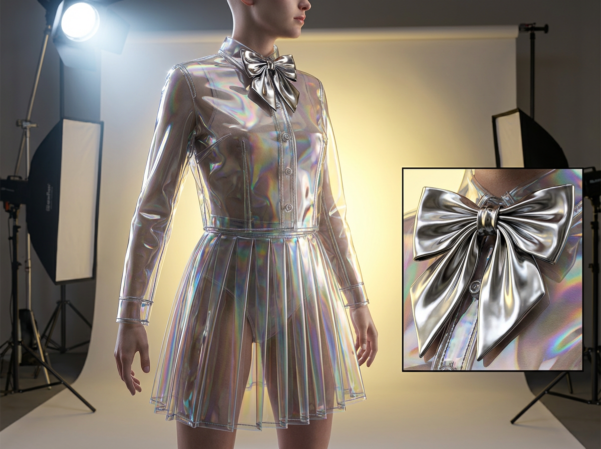 图中展示了一位在摄影棚内拍摄时尚大片的模特。模特身穿一套极具未来感的透明镭射材质套装，包括一件长袖衬衫和一条百褶短裙。服装表面呈现出彩虹般的金属光泽，领口处系着一个巨大的银色金属质感蝴蝶结。背景是专业的摄影棚环境，可以看到白色的背景纸、大型柔光箱和摄影灯架，整体色调以暖黄色的背光和冷色调的金属反光为主。画面右侧有一个局部放大框，专门展示蝴蝶结的细节。

在 AI 生成细节方面，画面存在明显的逻辑错误和缺陷：模特的左手（画面右侧）手指长度比例失调，且呈现出不自然的扭曲状态；右手（画面左侧）的手指也显得僵硬且结构模糊。此外，放大框中的蝴蝶结边缘与模特颈部的衔接处显得生硬，缺乏真实的物理阴影。背景中的摄影灯架线条在某些交汇处出现了透视重叠，显得不够自然。